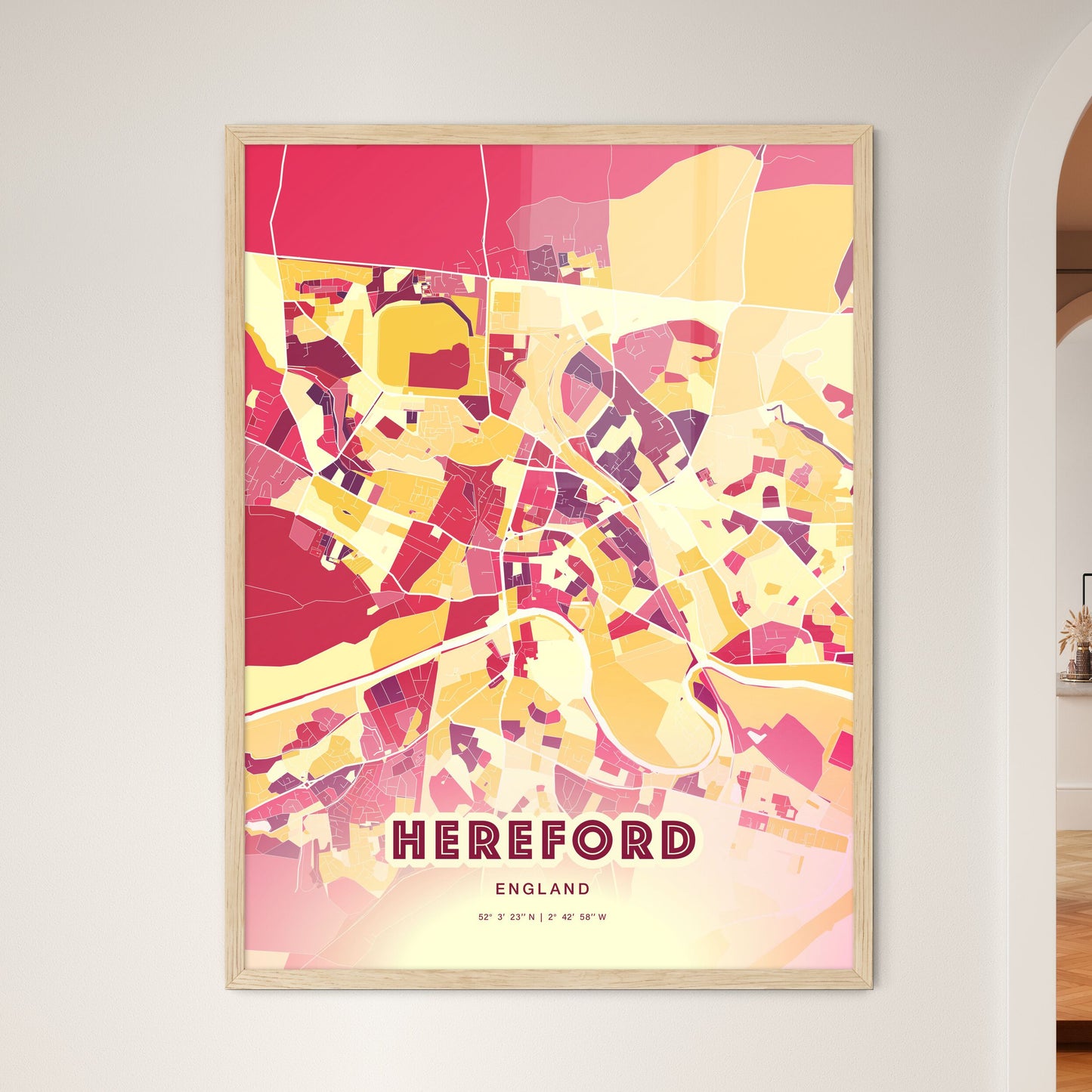 Colorful Hereford England Fine Art Map Hot Red