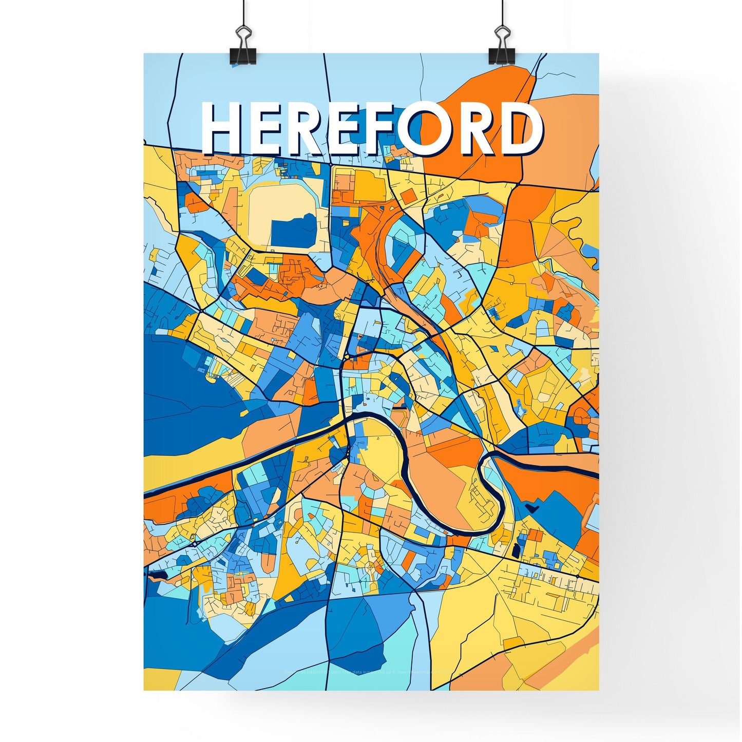 HEREFORD ENGLAND Vibrant Colorful Art Map Poster Blue Orange