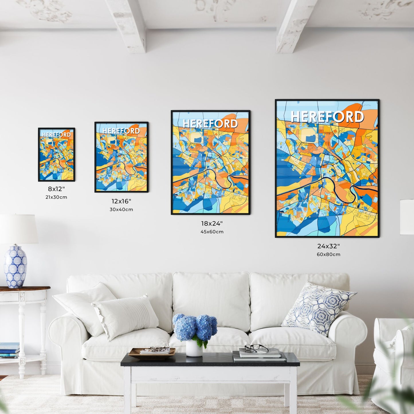 HEREFORD ENGLAND Vibrant Colorful Art Map Poster Blue Orange