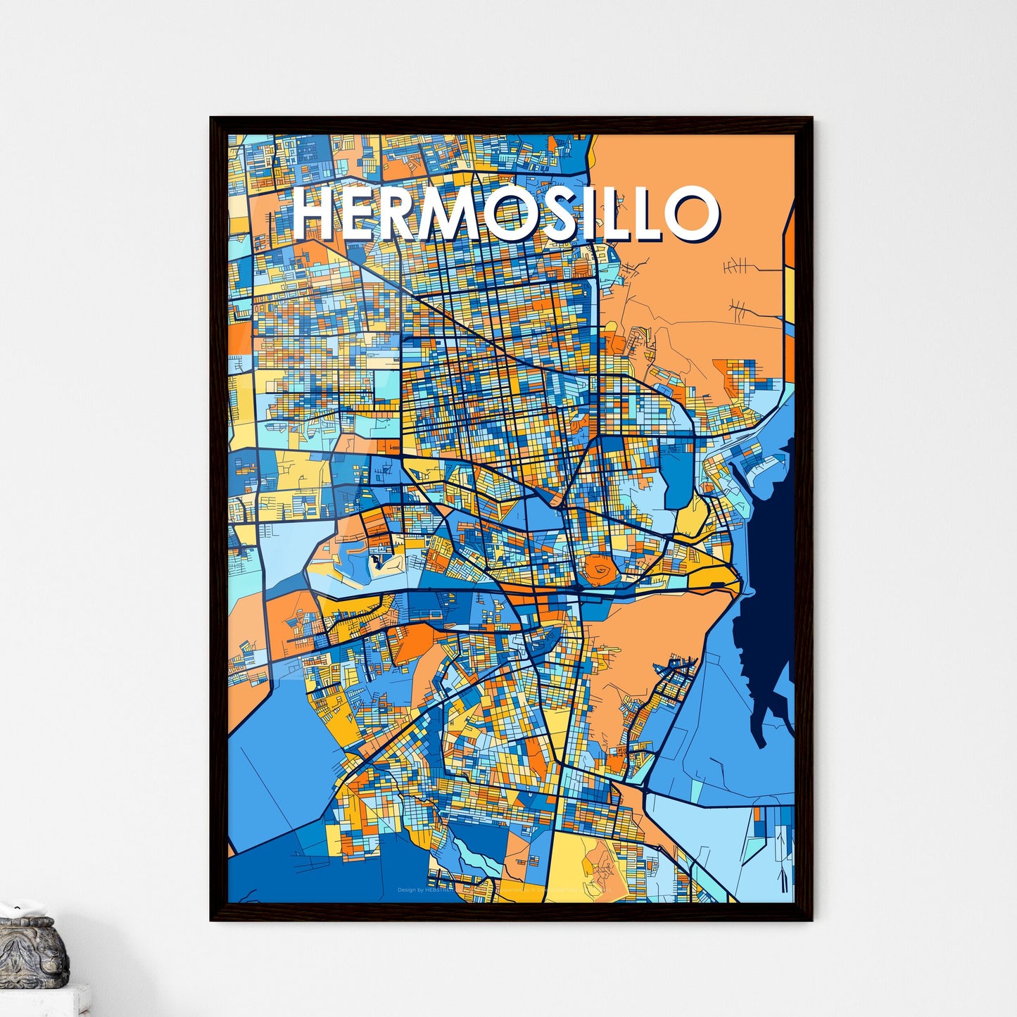 HERMOSILLO MEXICO Vibrant Colorful Art Map Poster Blue Orange