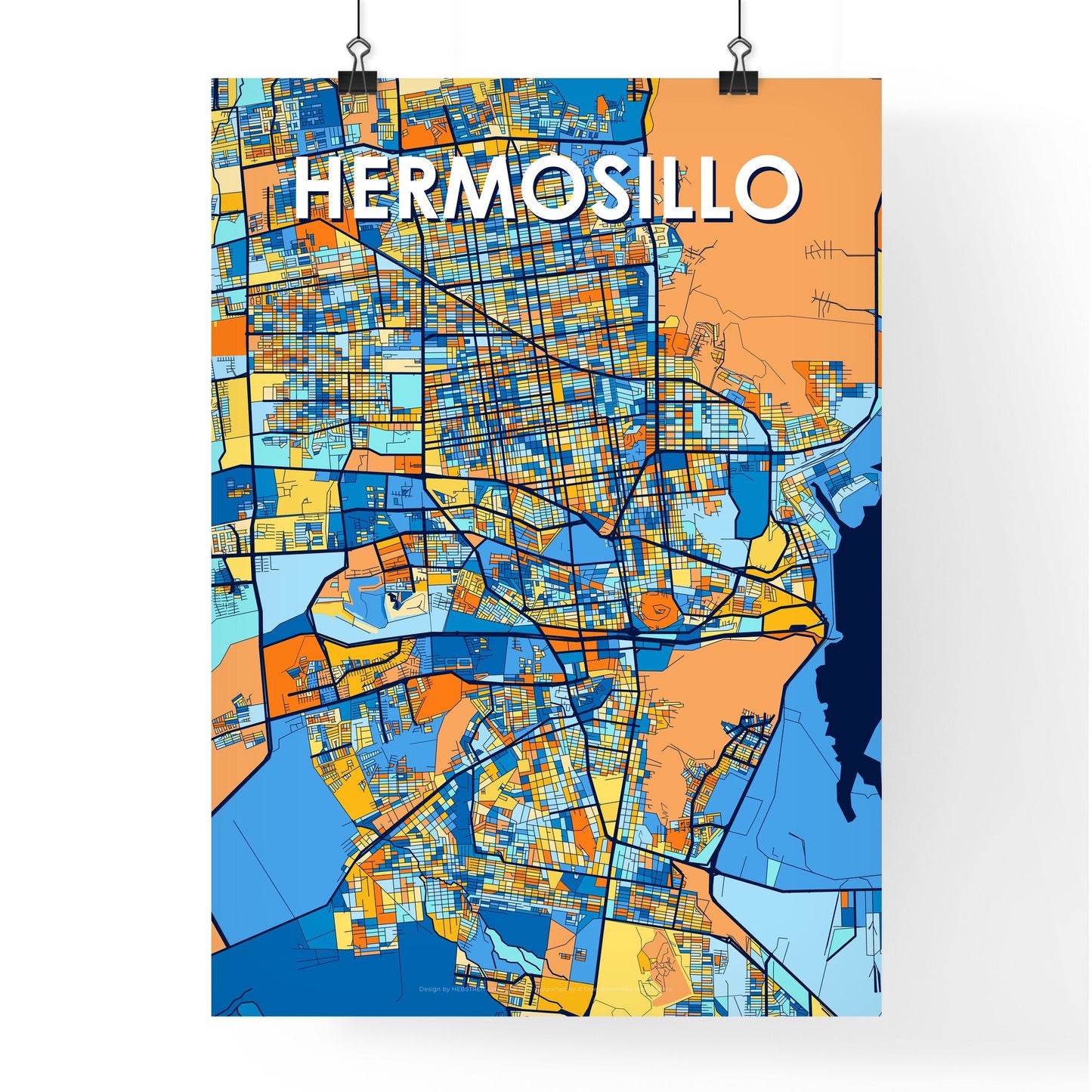 HERMOSILLO MEXICO Vibrant Colorful Art Map Poster Blue Orange