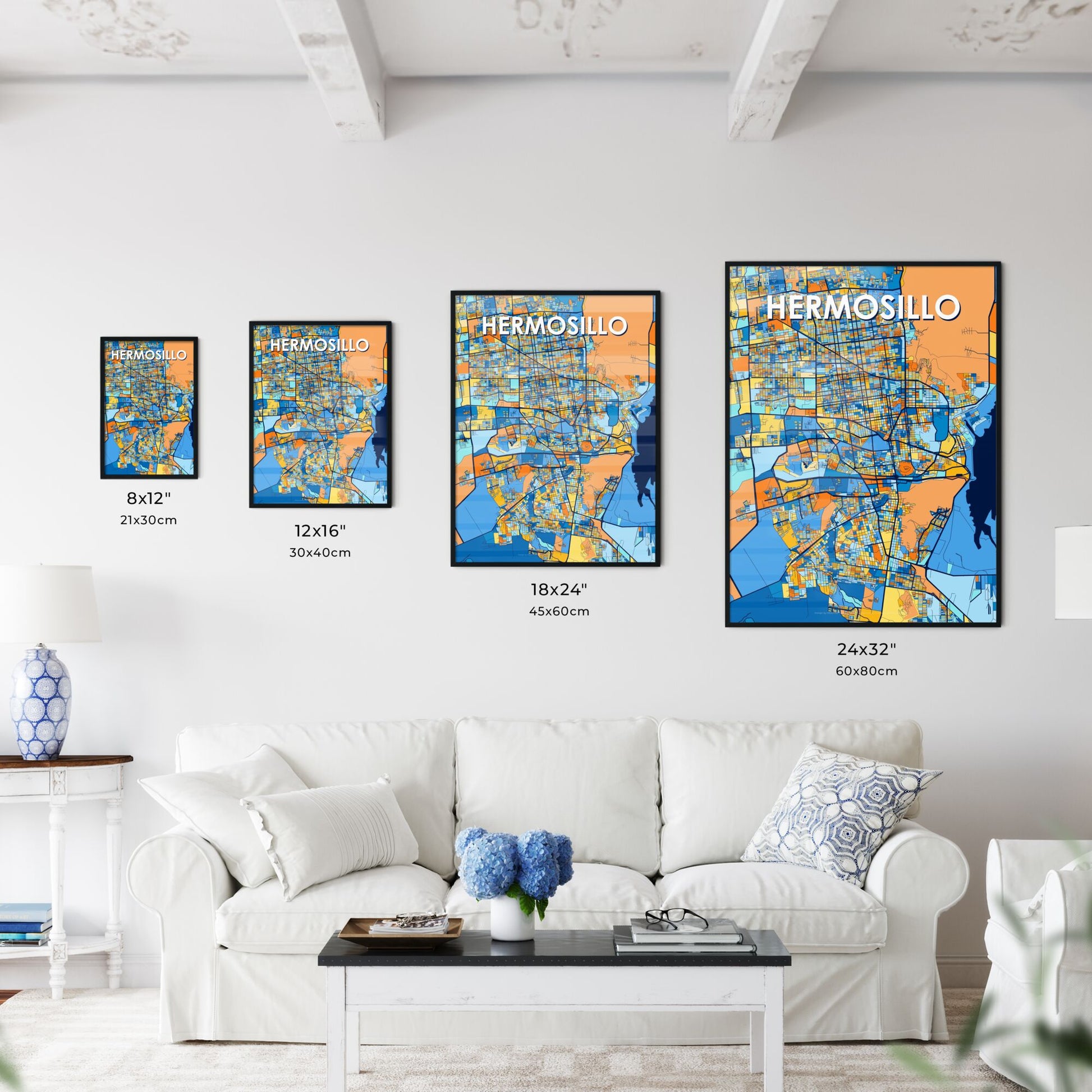 HERMOSILLO MEXICO Vibrant Colorful Art Map Poster Blue Orange