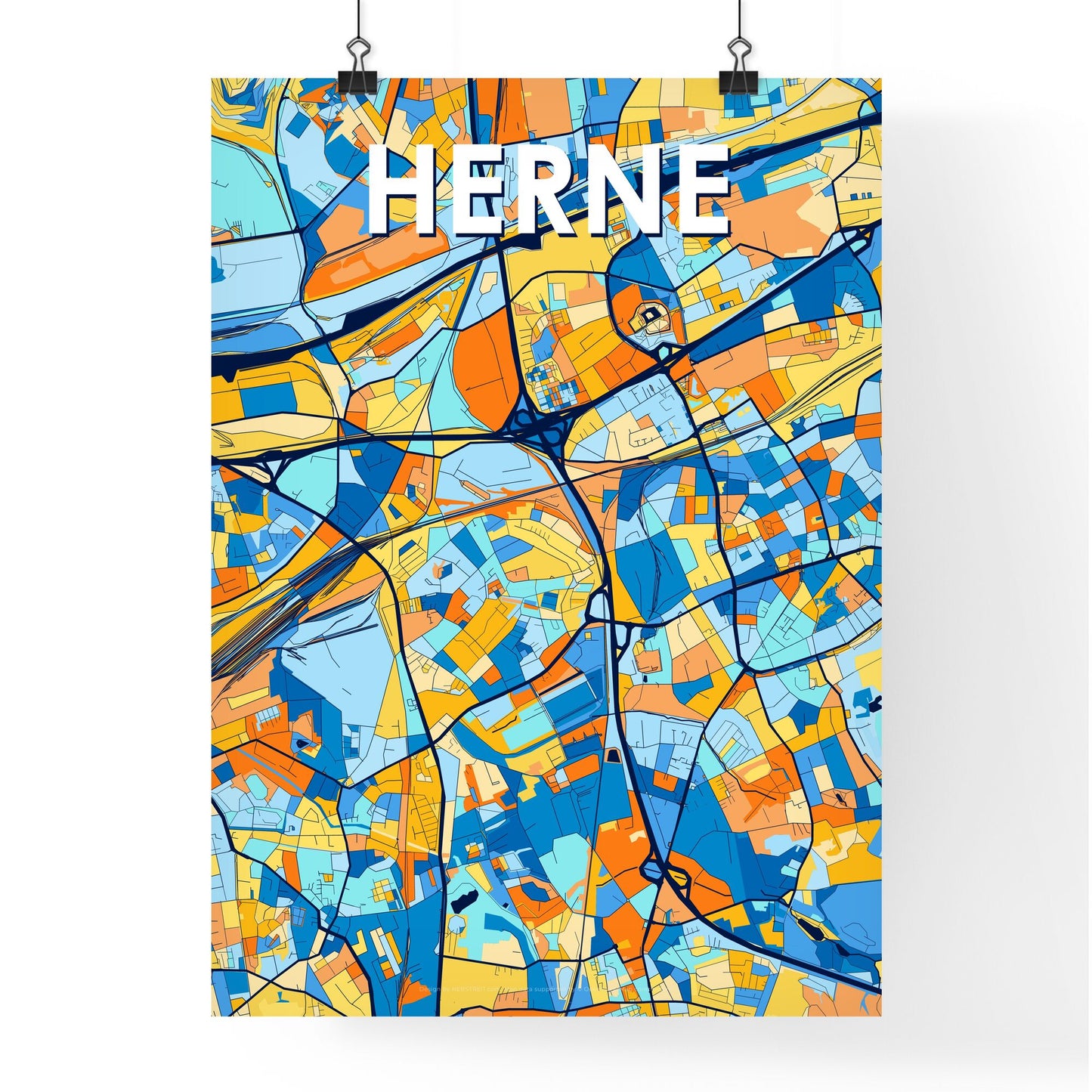 HERNE GERMANY Vibrant Colorful Art Map Poster Blue Orange