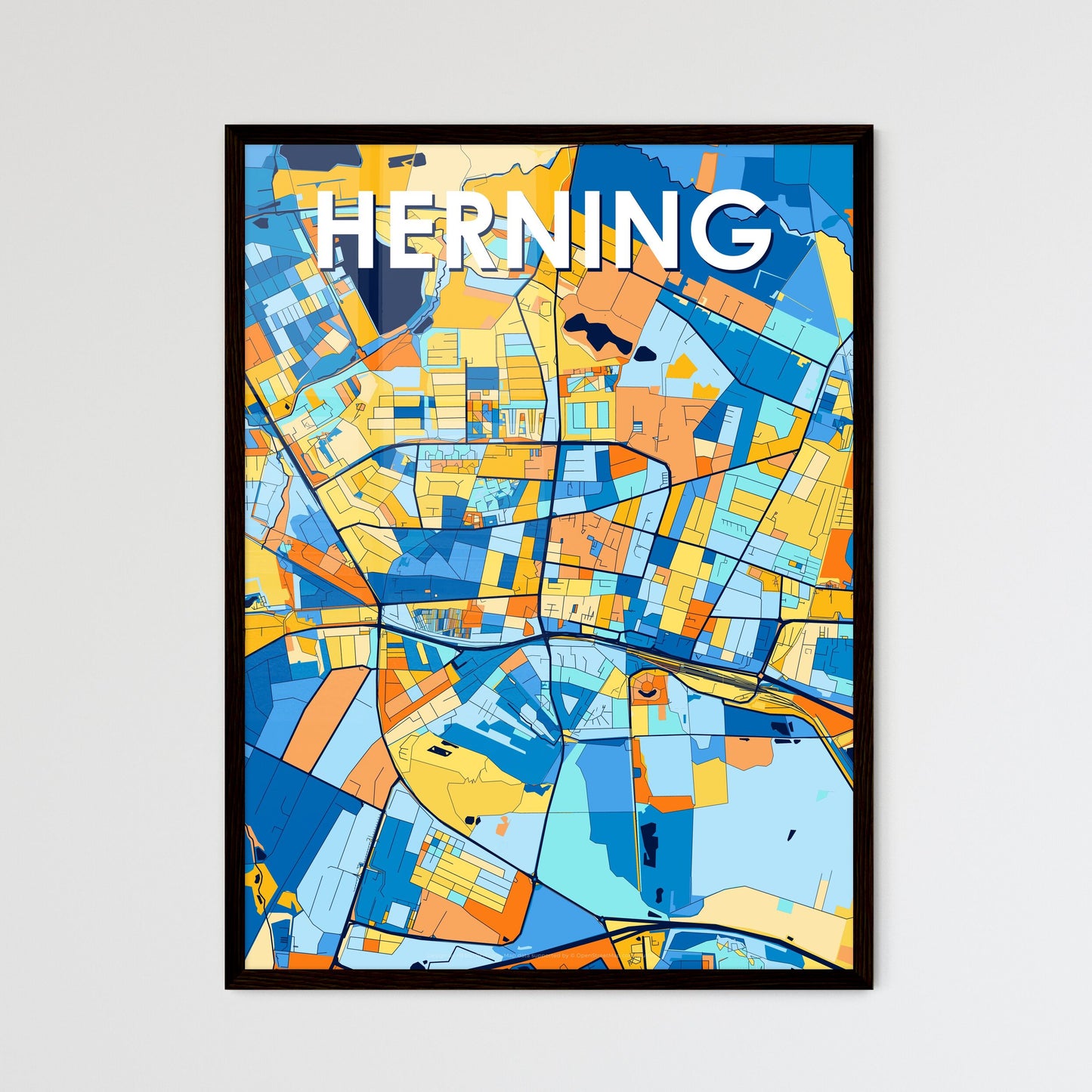 HERNING DENMARK Vibrant Colorful Art Map Poster Blue Orange