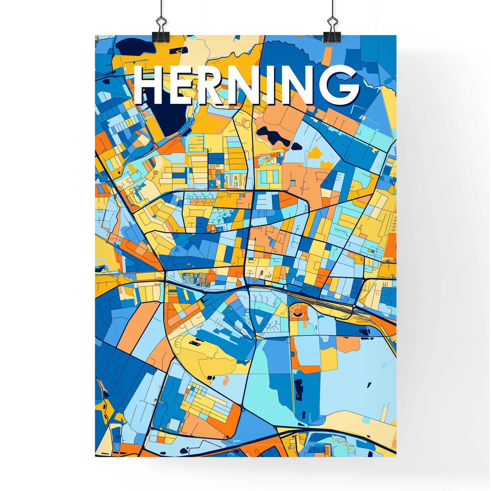 HERNING DENMARK Vibrant Colorful Art Map Poster Blue Orange