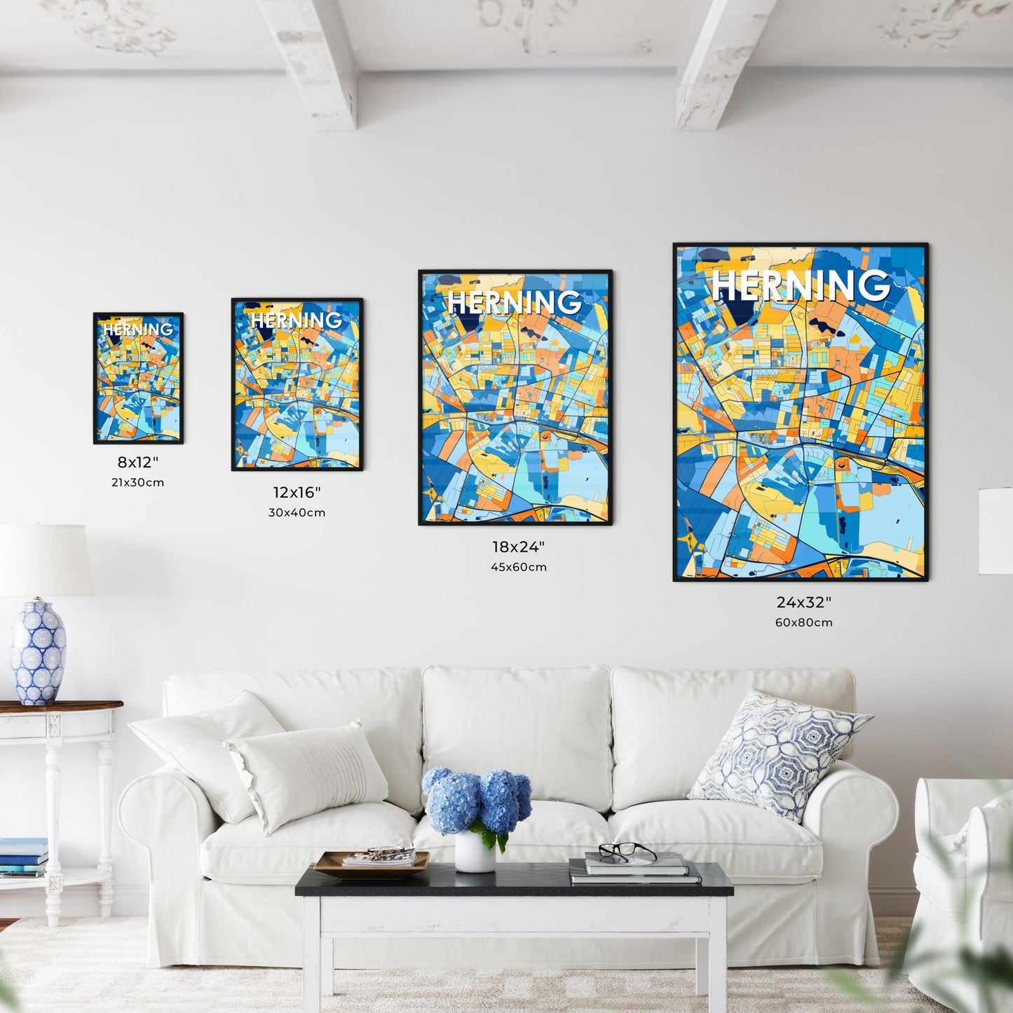 HERNING DENMARK Vibrant Colorful Art Map Poster Blue Orange