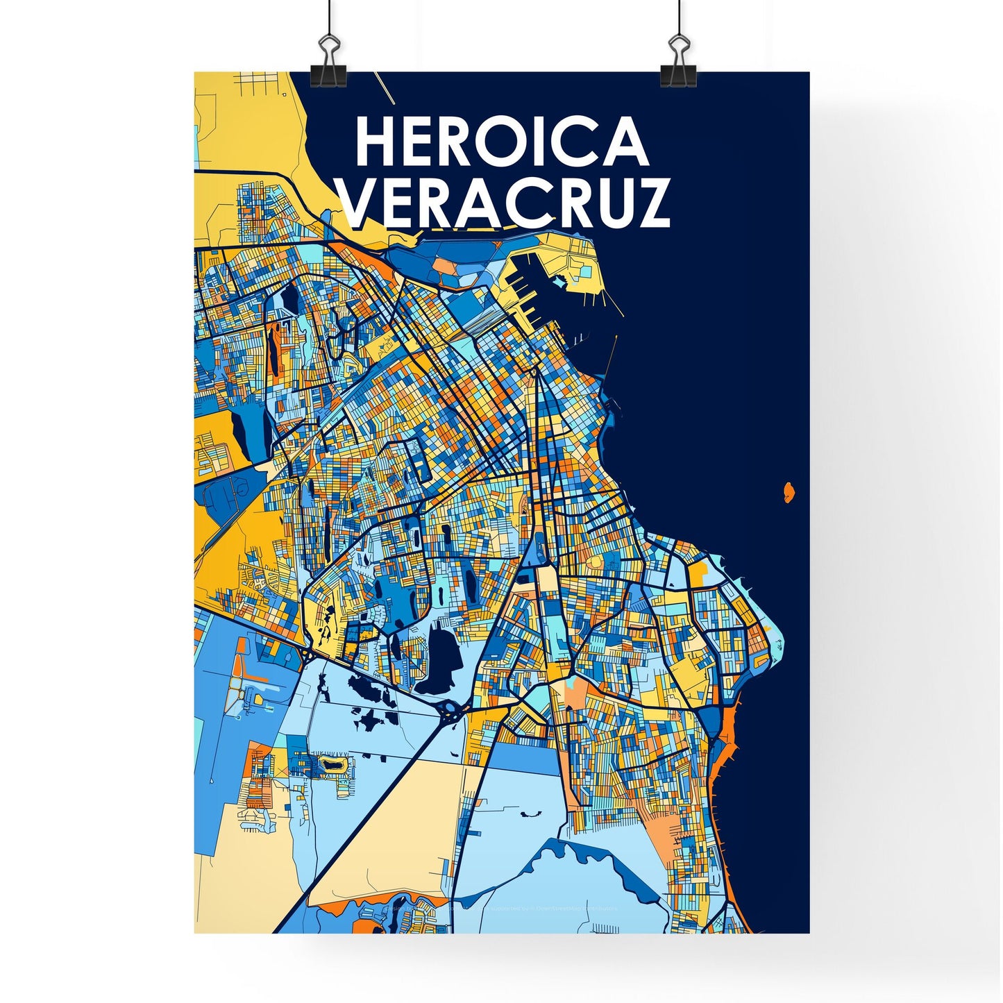 HEROICA VERACRUZ MEXICO Vibrant Colorful Art Map Poster Blue Orange