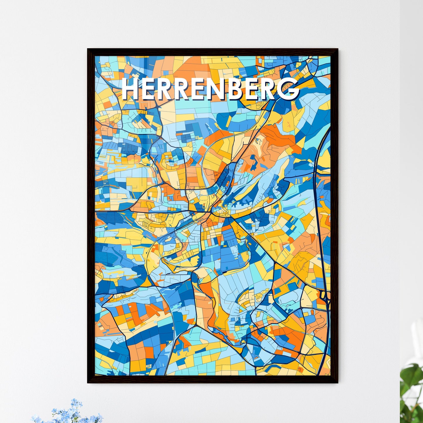 HERRENBERG GERMANY Vibrant Colorful Art Map Poster Blue Orange