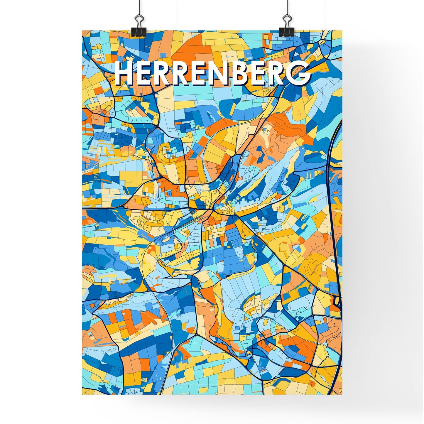 HERRENBERG GERMANY Vibrant Colorful Art Map Poster Blue Orange