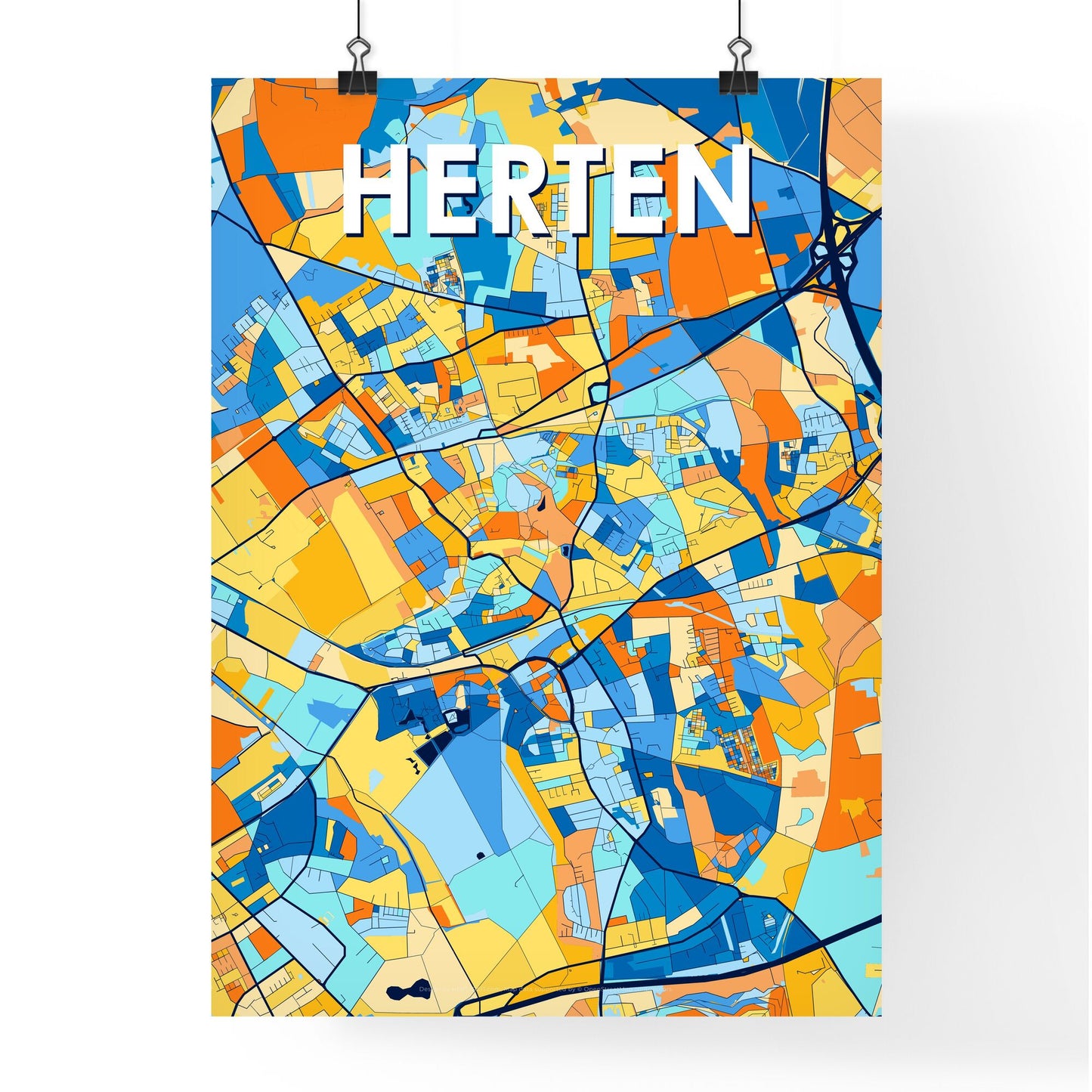 HERTEN GERMANY Vibrant Colorful Art Map Poster Blue Orange