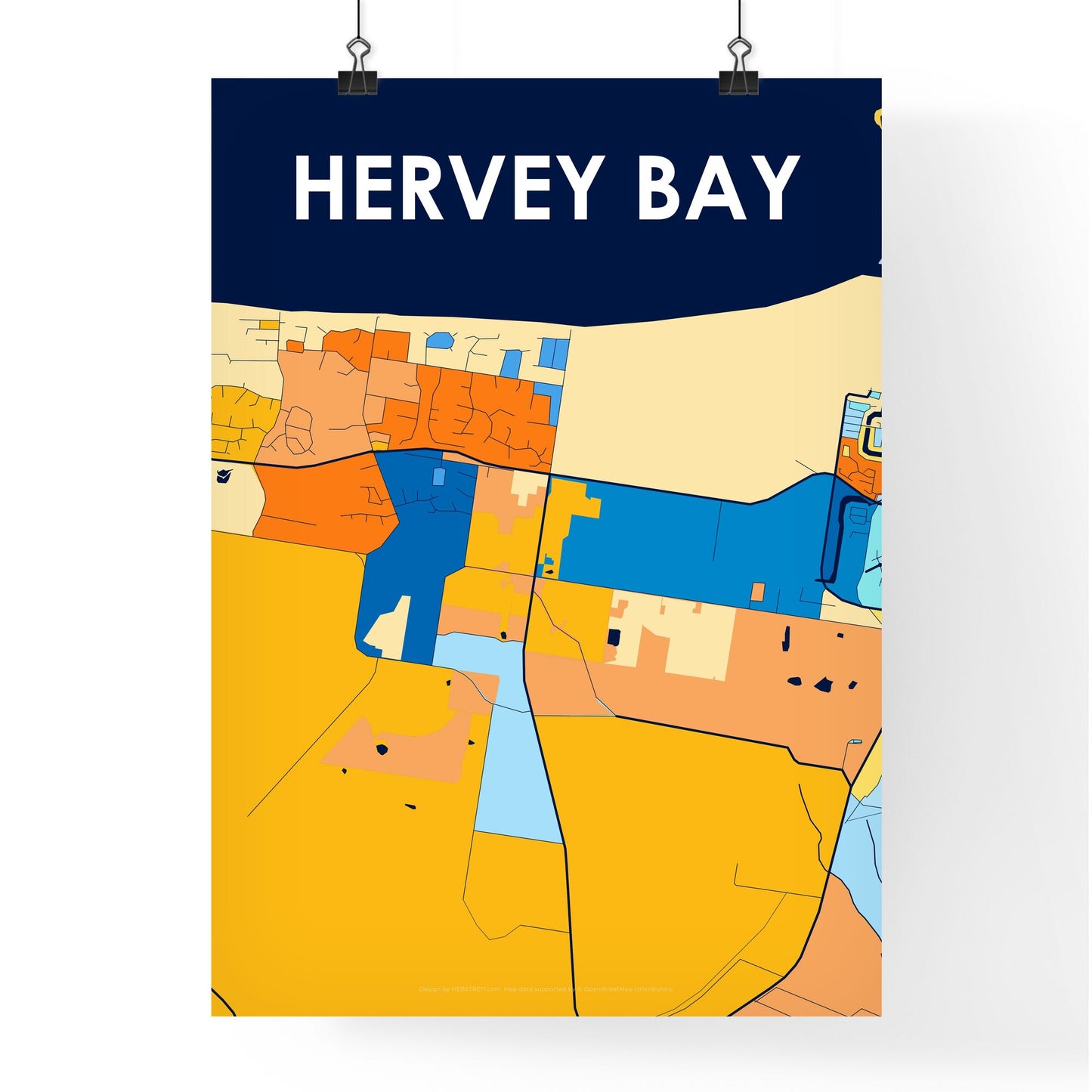 HERVEY BAY AUSTRALIA Vibrant Colorful Art Map Poster Blue Orange