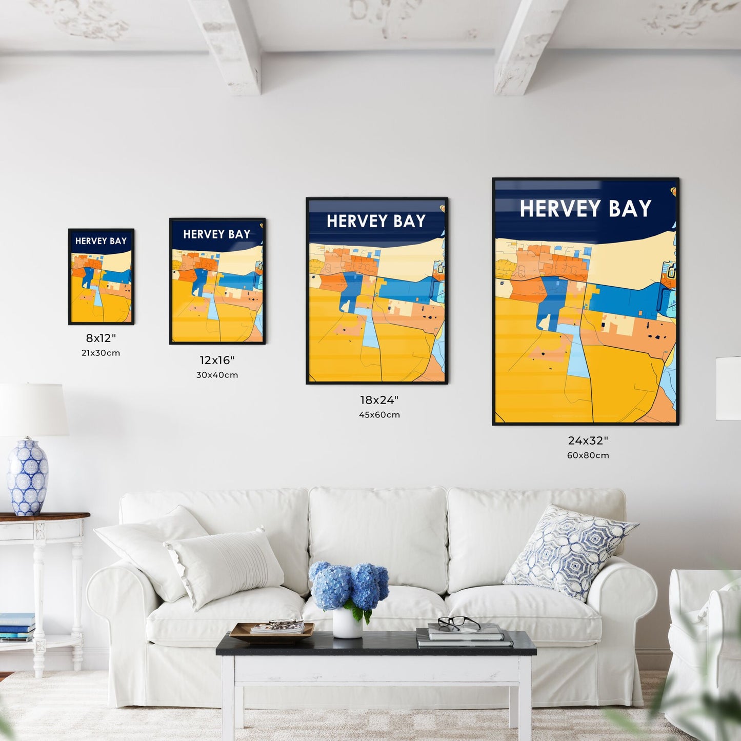 HERVEY BAY AUSTRALIA Vibrant Colorful Art Map Poster Blue Orange