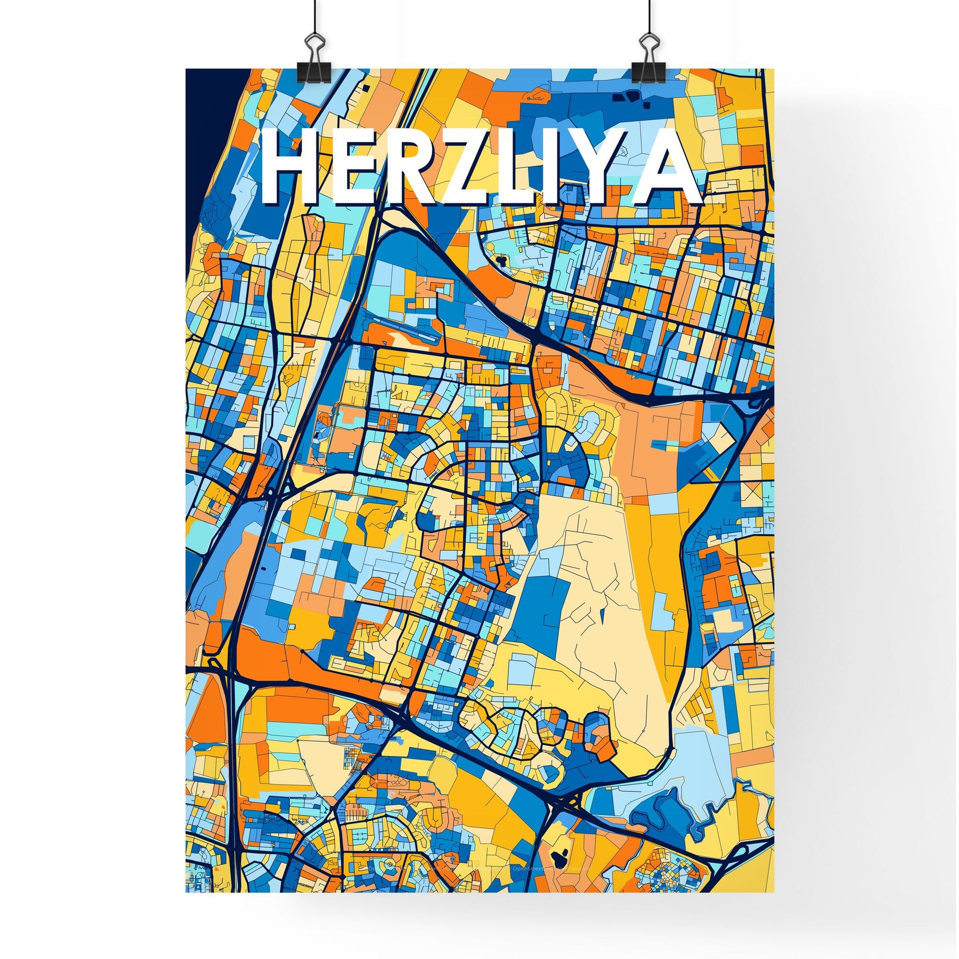 HERZLIYA ISRAEL Vibrant Colorful Art Map Poster Blue Orange