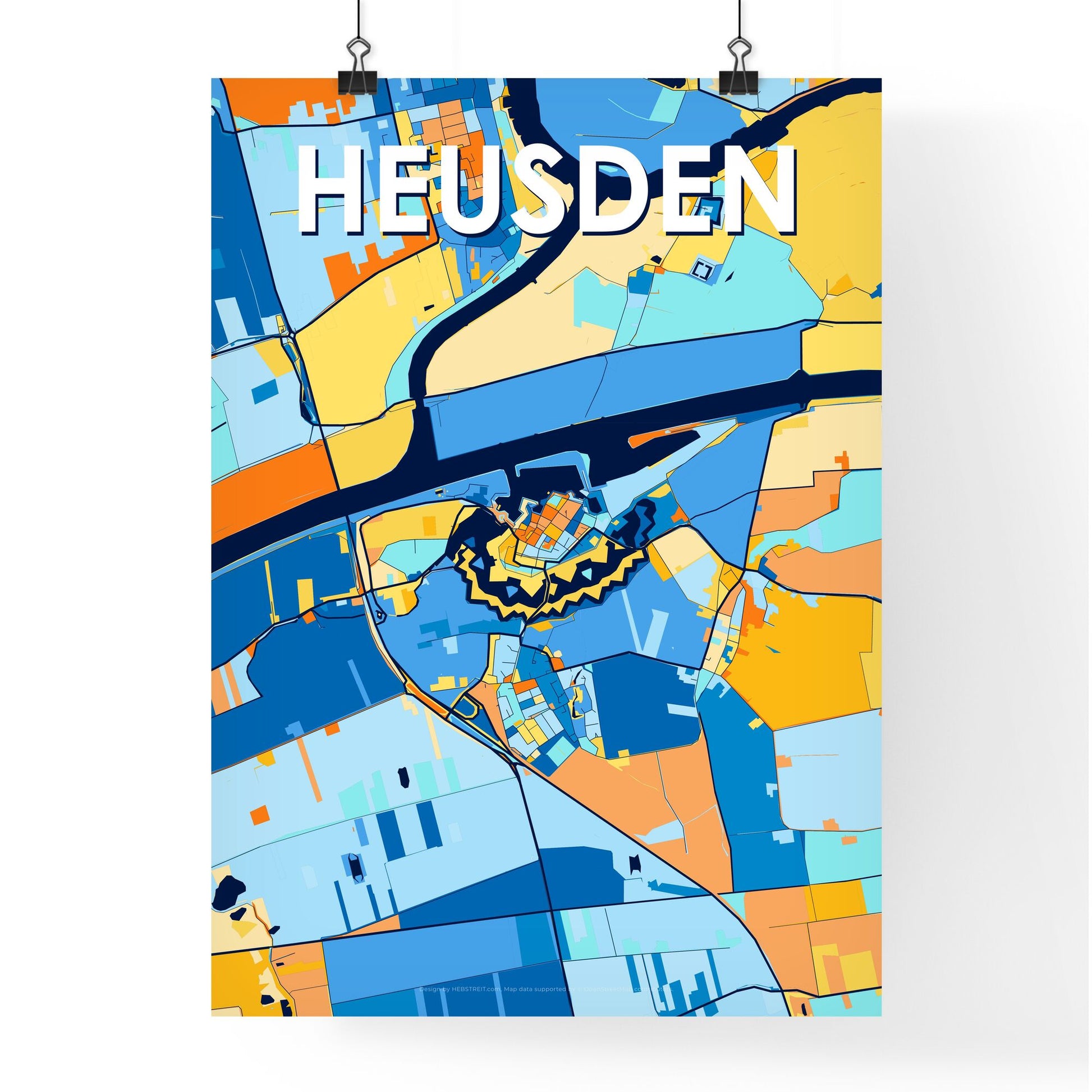 HEUSDEN NETHERLANDS Vibrant Colorful Art Map Poster Blue Orange