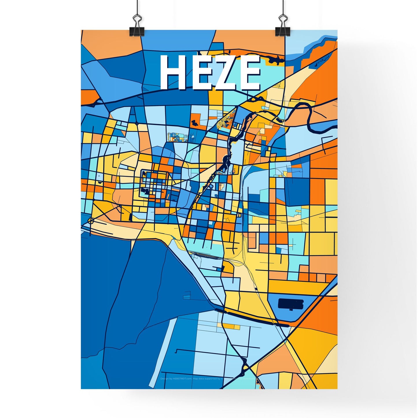 HEZE CHINA Vibrant Colorful Art Map Poster Blue Orange