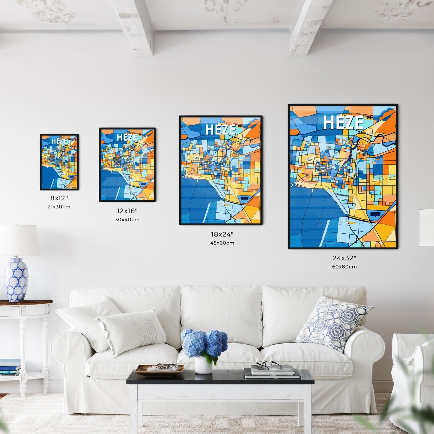 HEZE CHINA Vibrant Colorful Art Map Poster Blue Orange