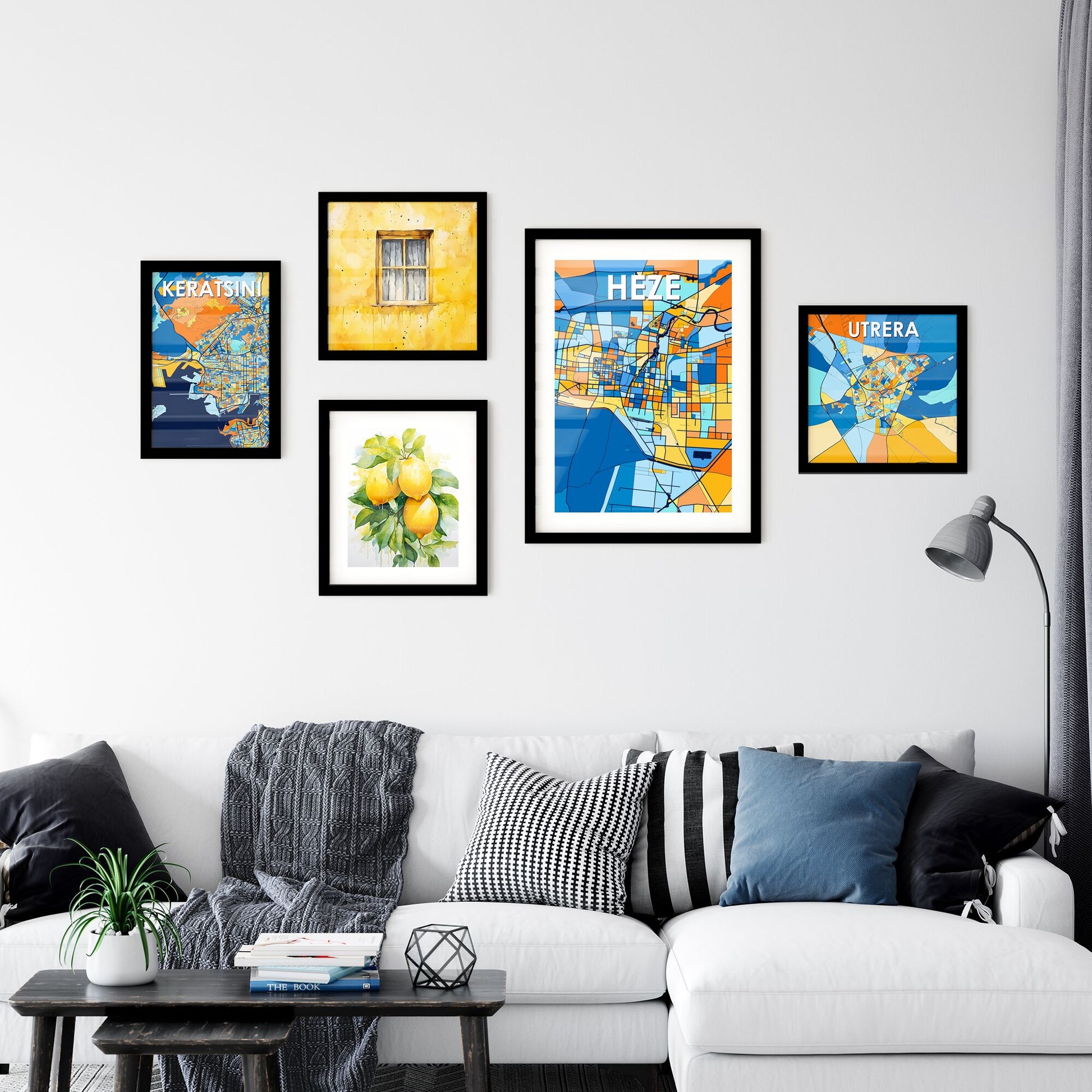 HEZE CHINA Vibrant Colorful Art Map Poster Blue Orange