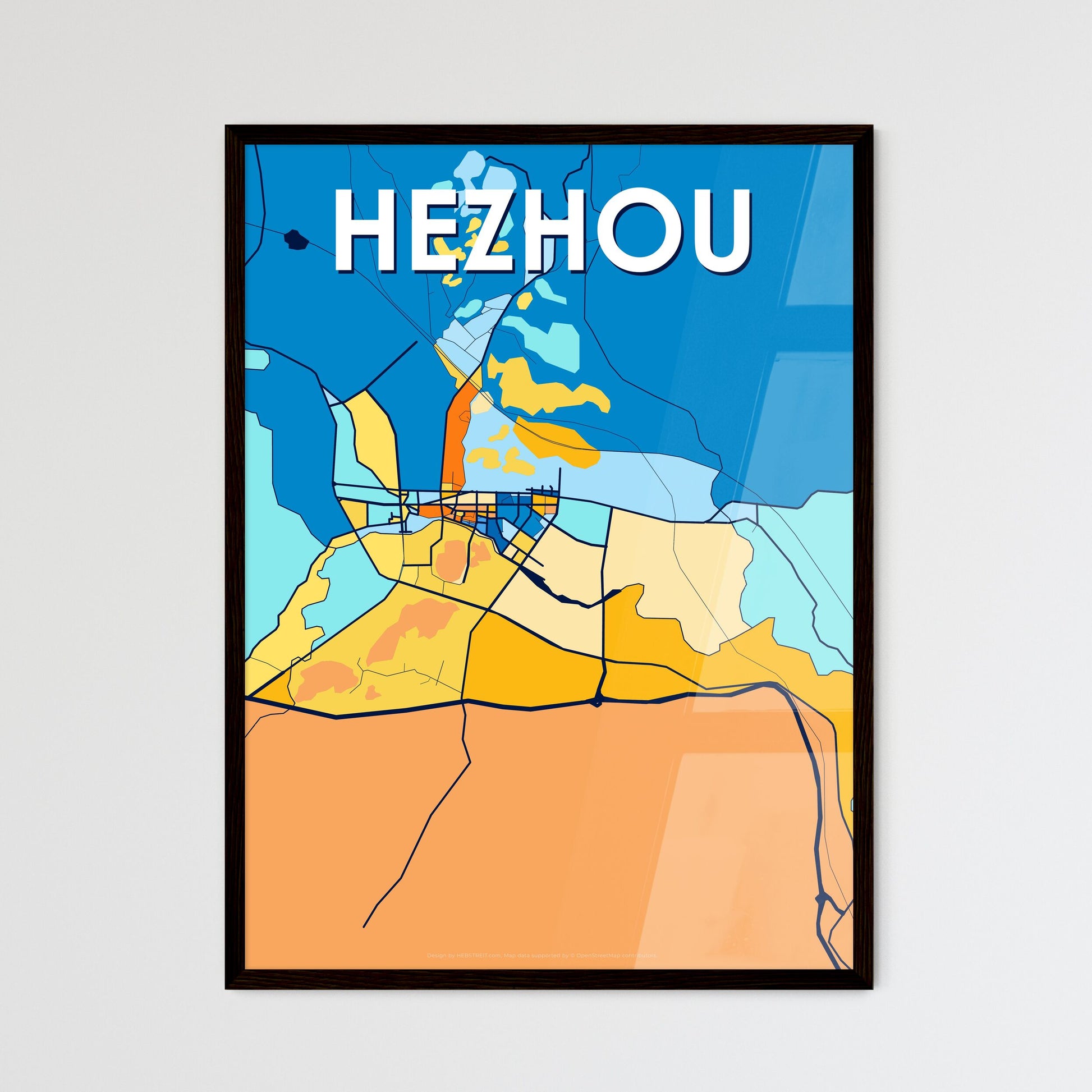 HEZHOU CHINA Vibrant Colorful Art Map Poster Blue Orange