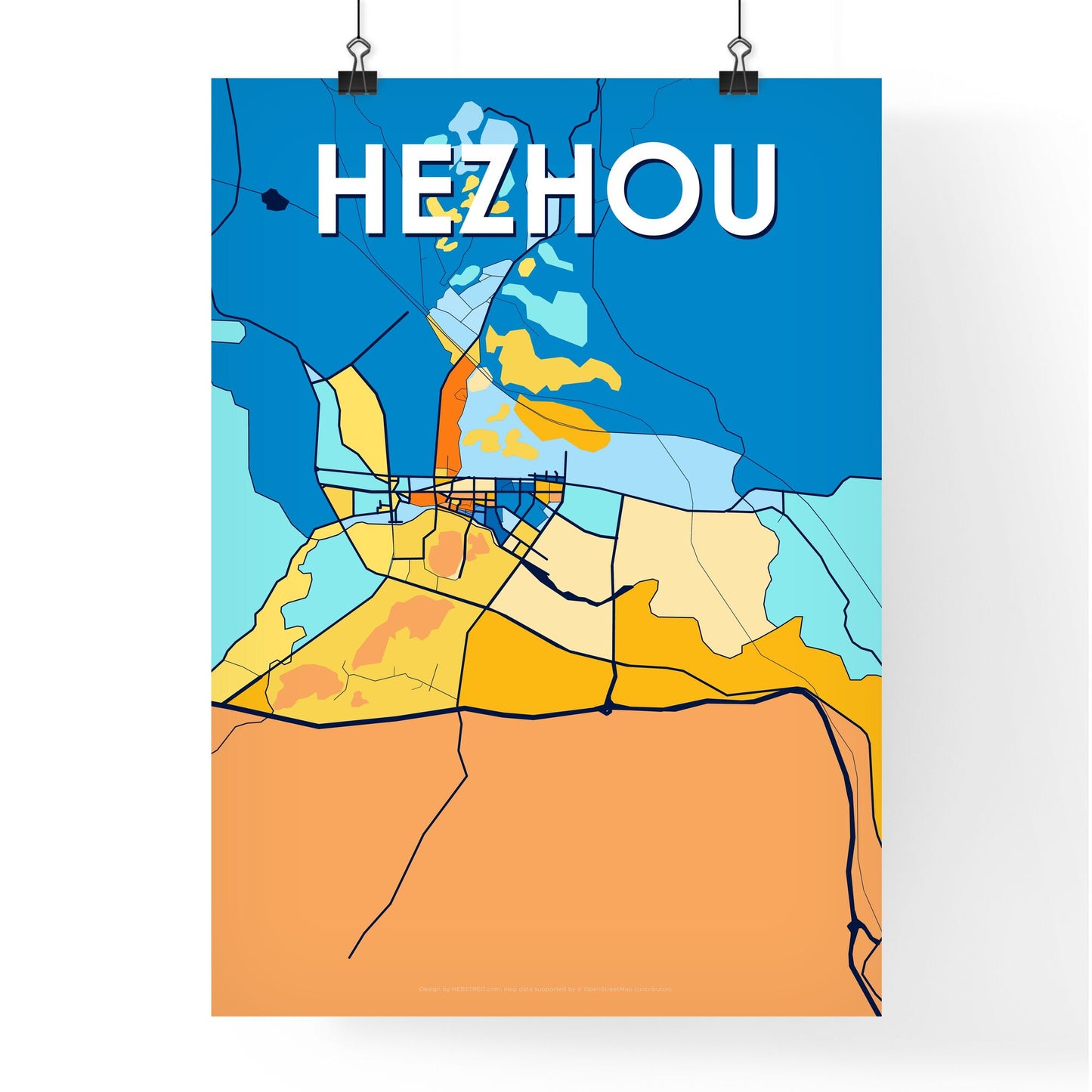 HEZHOU CHINA Vibrant Colorful Art Map Poster Blue Orange