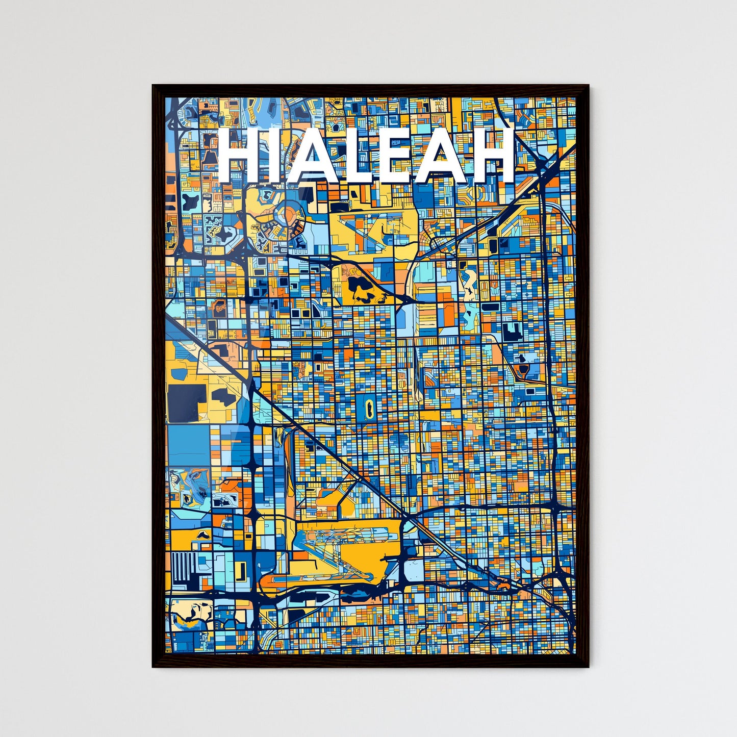 HIALEAH FLORIDA Vibrant Colorful Art Map Poster Blue Orange