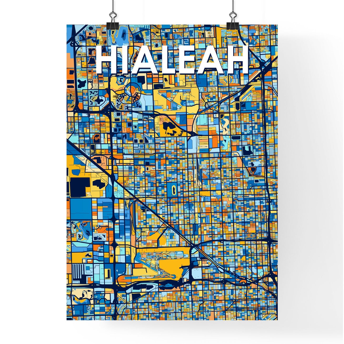 HIALEAH FLORIDA Vibrant Colorful Art Map Poster Blue Orange