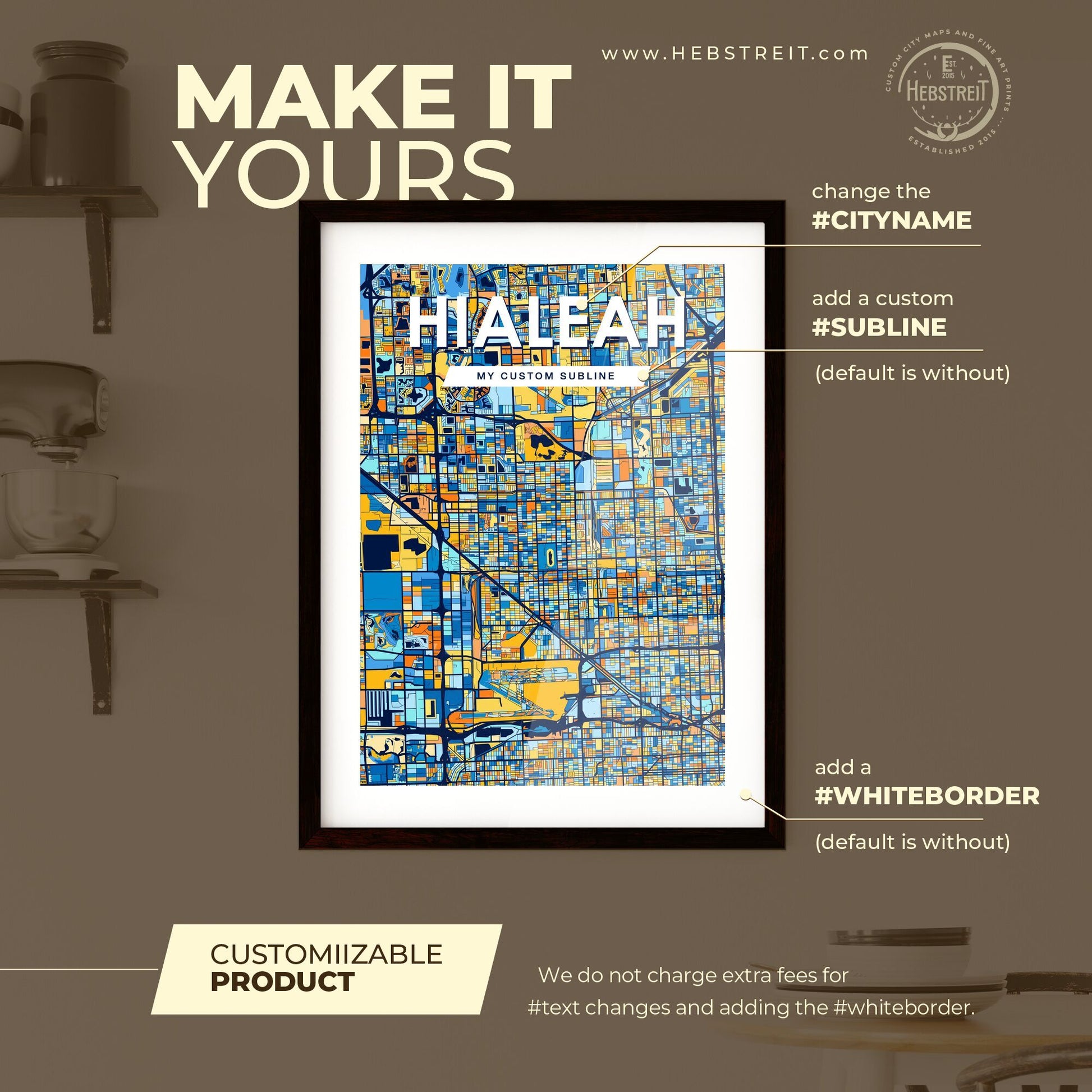 HIALEAH FLORIDA Vibrant Colorful Art Map Poster Blue Orange