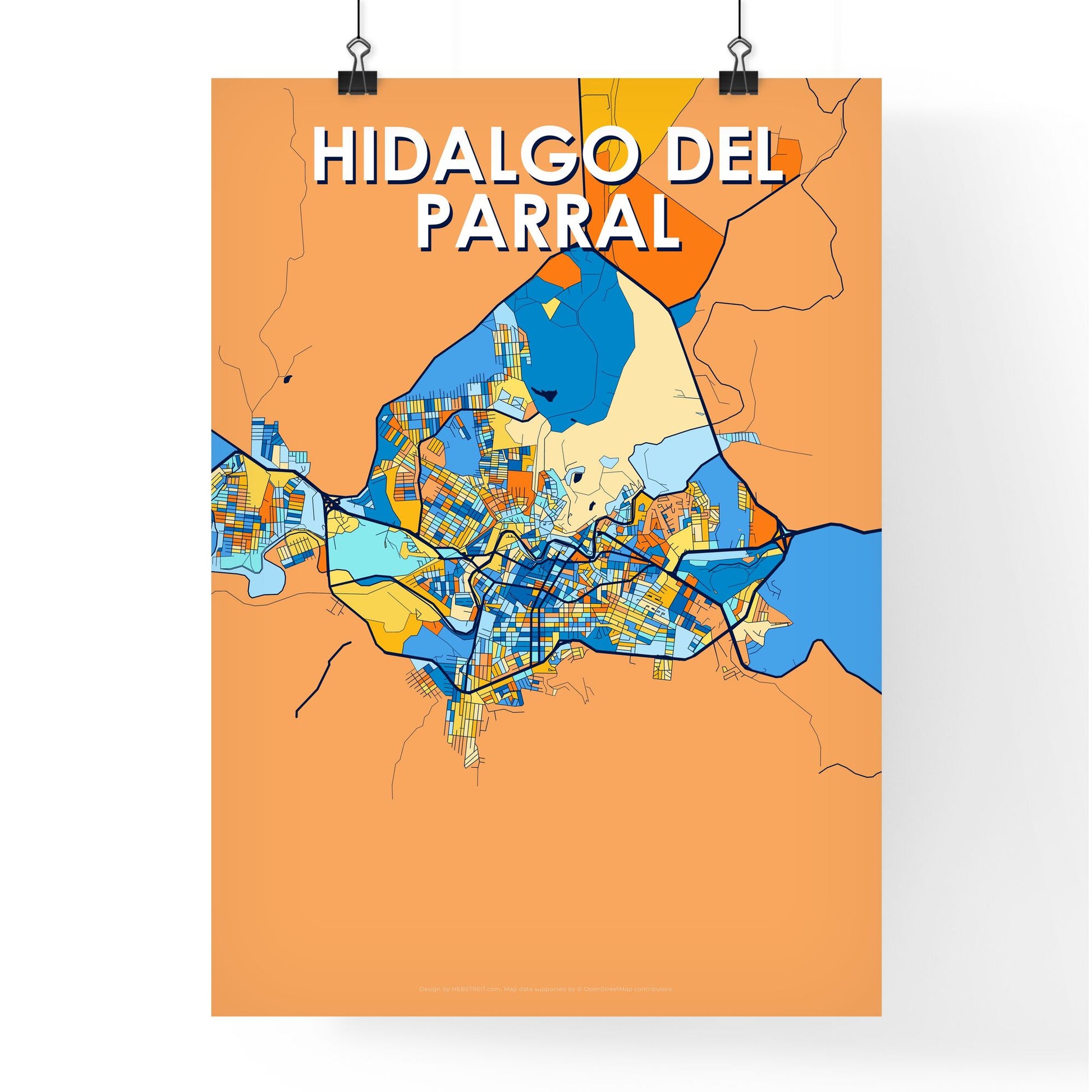 HIDALGO DEL PARRAL MEXICO Vibrant Colorful Art Map Poster Blue Orange