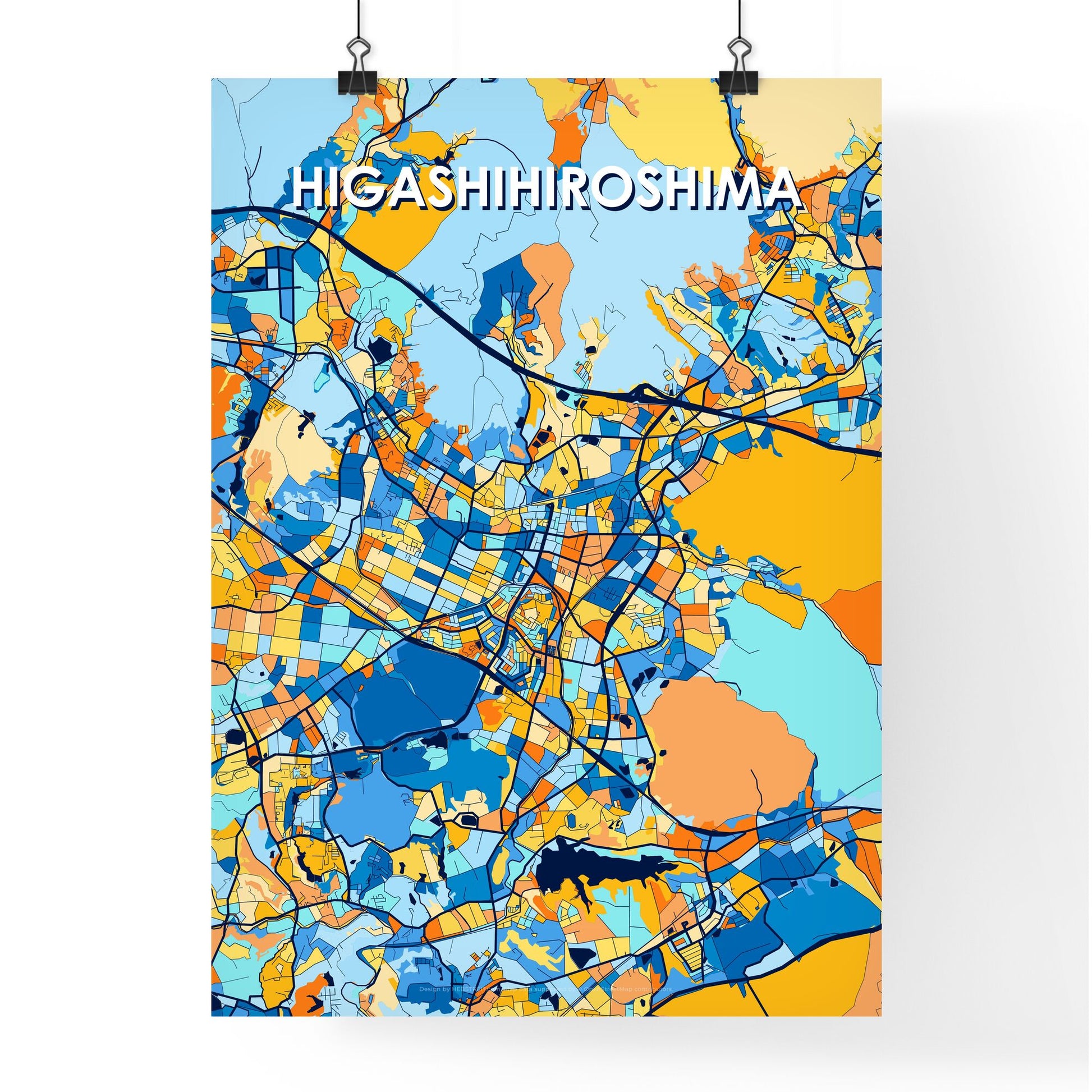 HIGASHIHIROSHIMA JAPAN Vibrant Colorful Art Map Poster Blue Orange