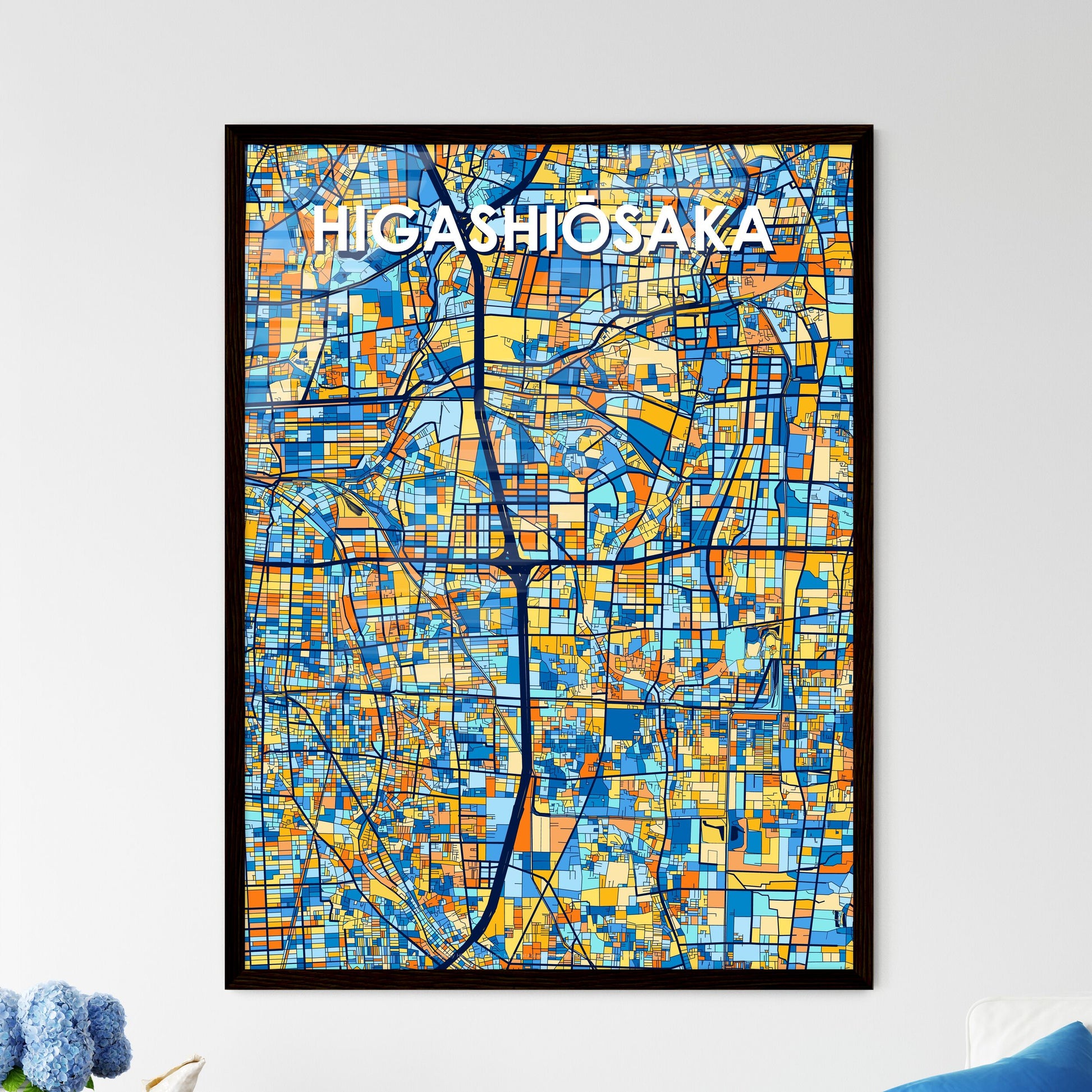 HIGASHIŌSAKA JAPAN Vibrant Colorful Art Map Poster Blue Orange