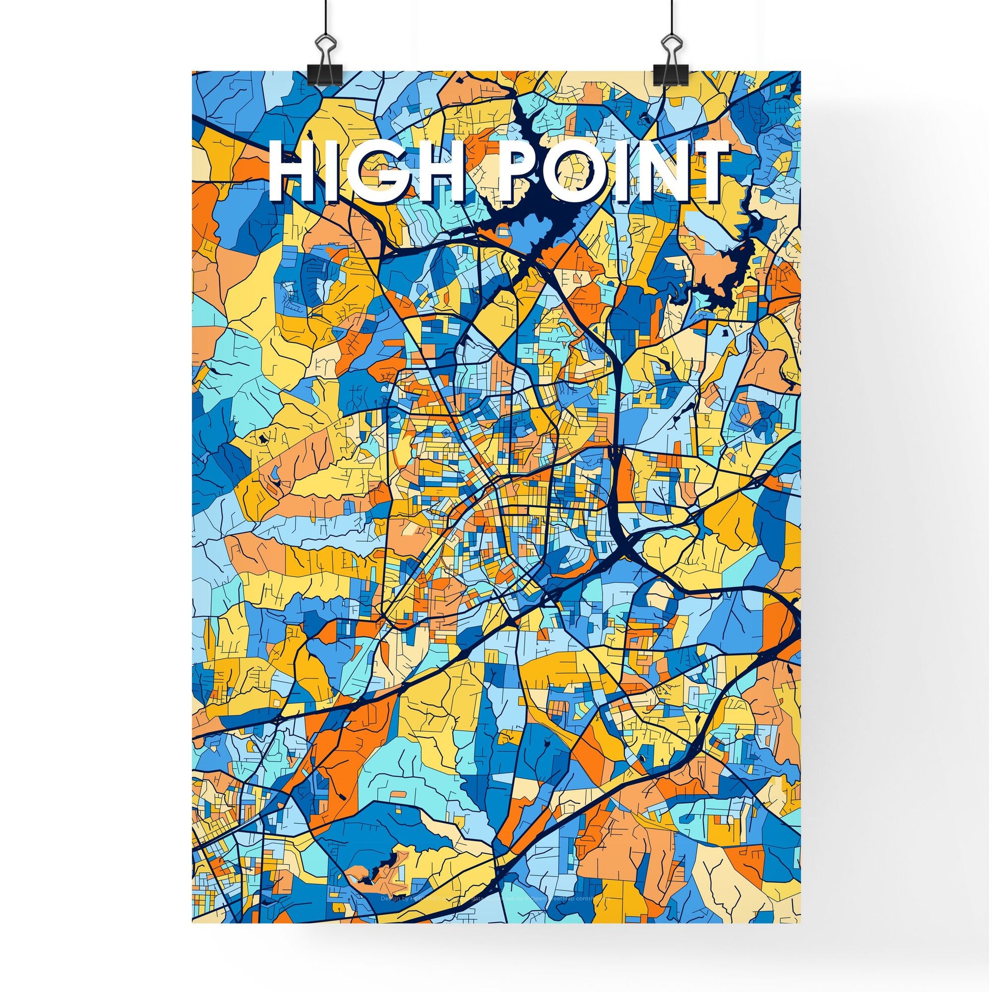 HIGH POINT NORTH CAROLINA Vibrant Colorful Art Map Poster Blue Orange