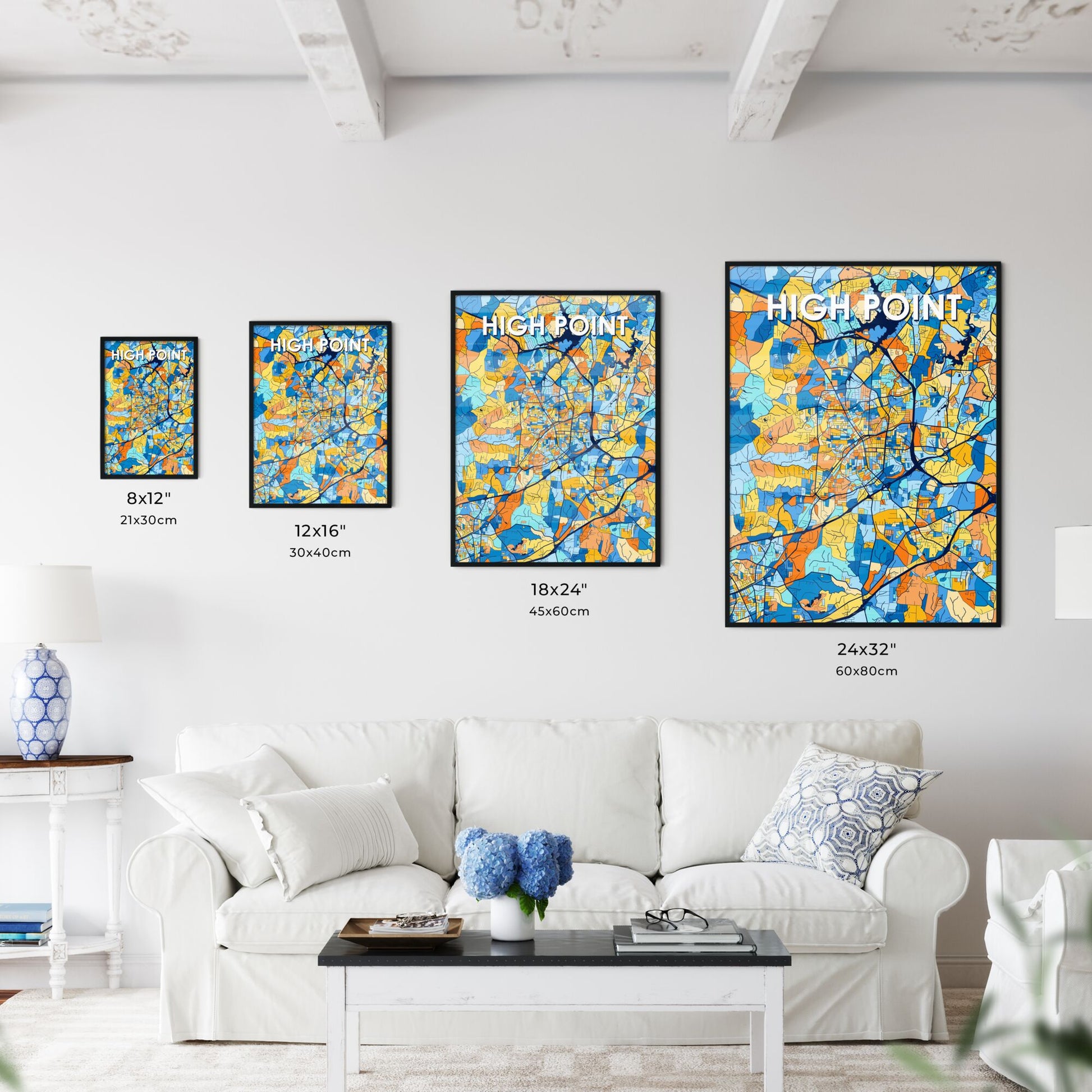 HIGH POINT NORTH CAROLINA Vibrant Colorful Art Map Poster Blue Orange