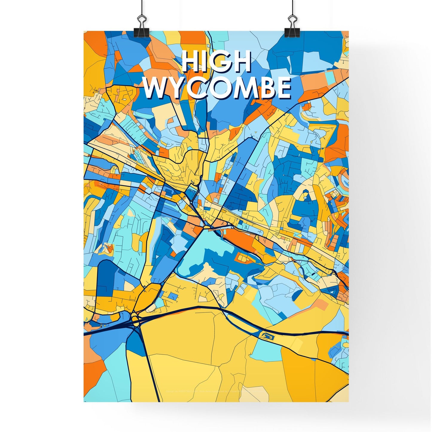 HIGH WYCOMBE ENGLAND Vibrant Colorful Art Map Poster Blue Orange