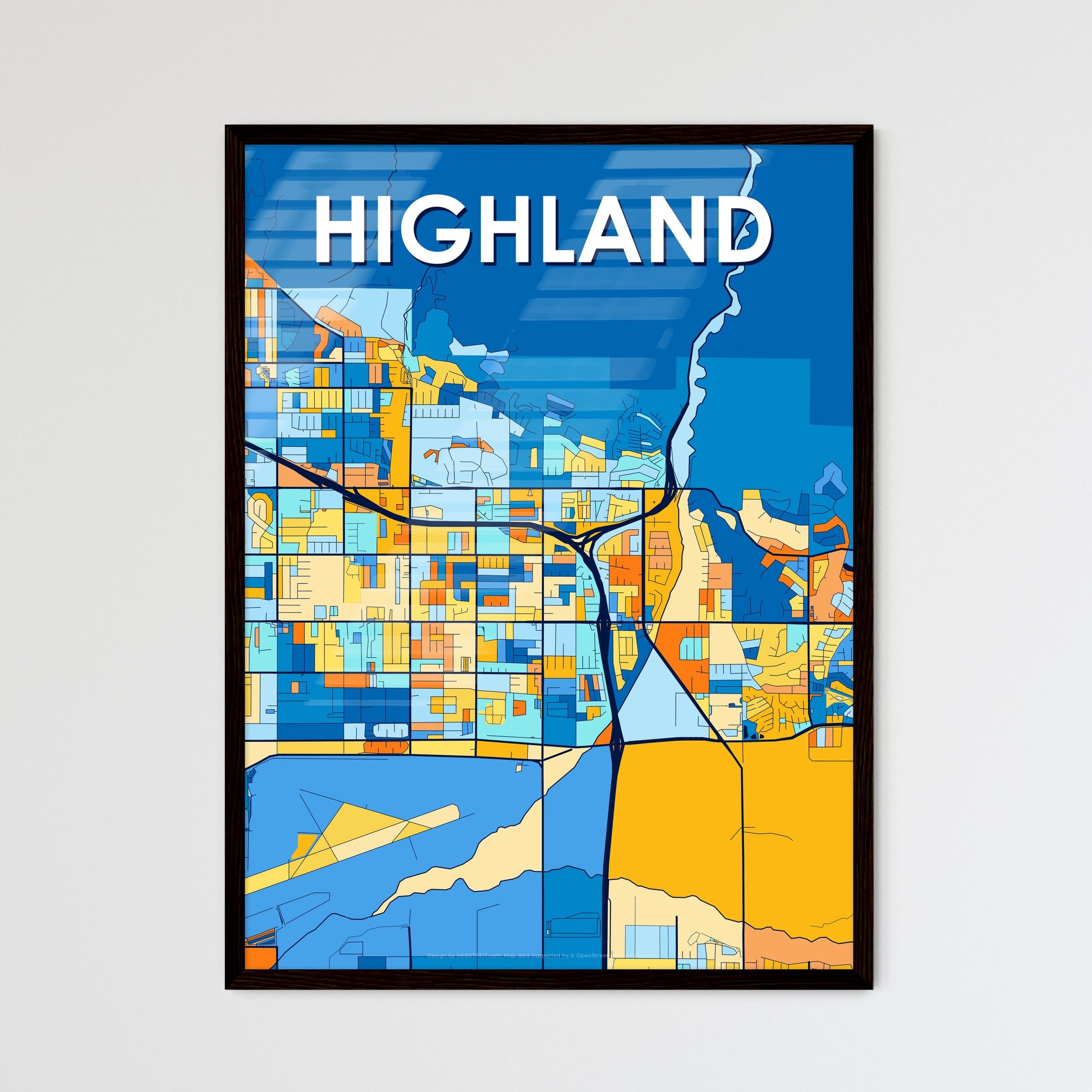 HIGHLAND CALIFORNIA Vibrant Colorful Art Map Poster Blue Orange