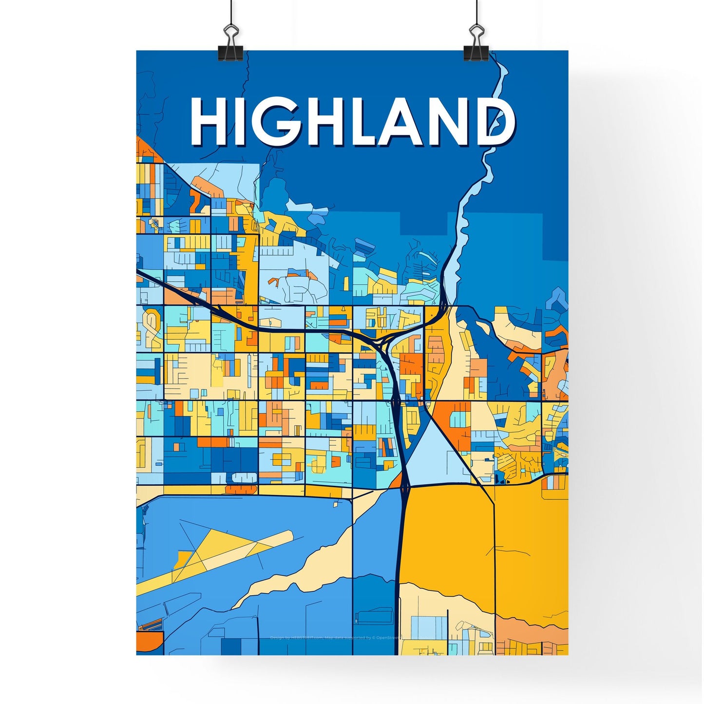 HIGHLAND CALIFORNIA Vibrant Colorful Art Map Poster Blue Orange