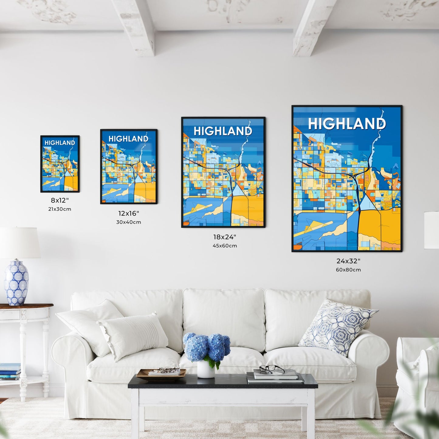 HIGHLAND CALIFORNIA Vibrant Colorful Art Map Poster Blue Orange