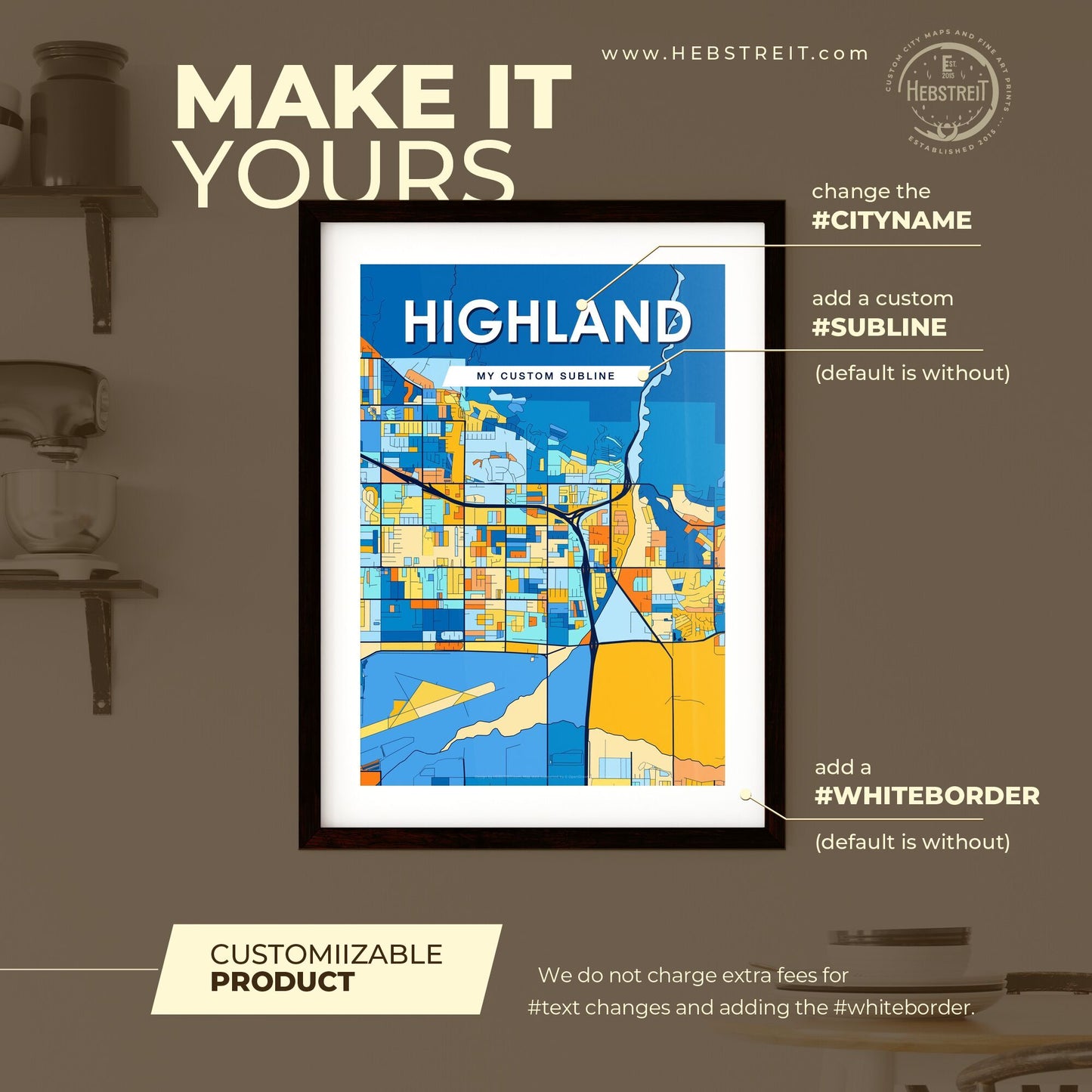 HIGHLAND CALIFORNIA Vibrant Colorful Art Map Poster Blue Orange