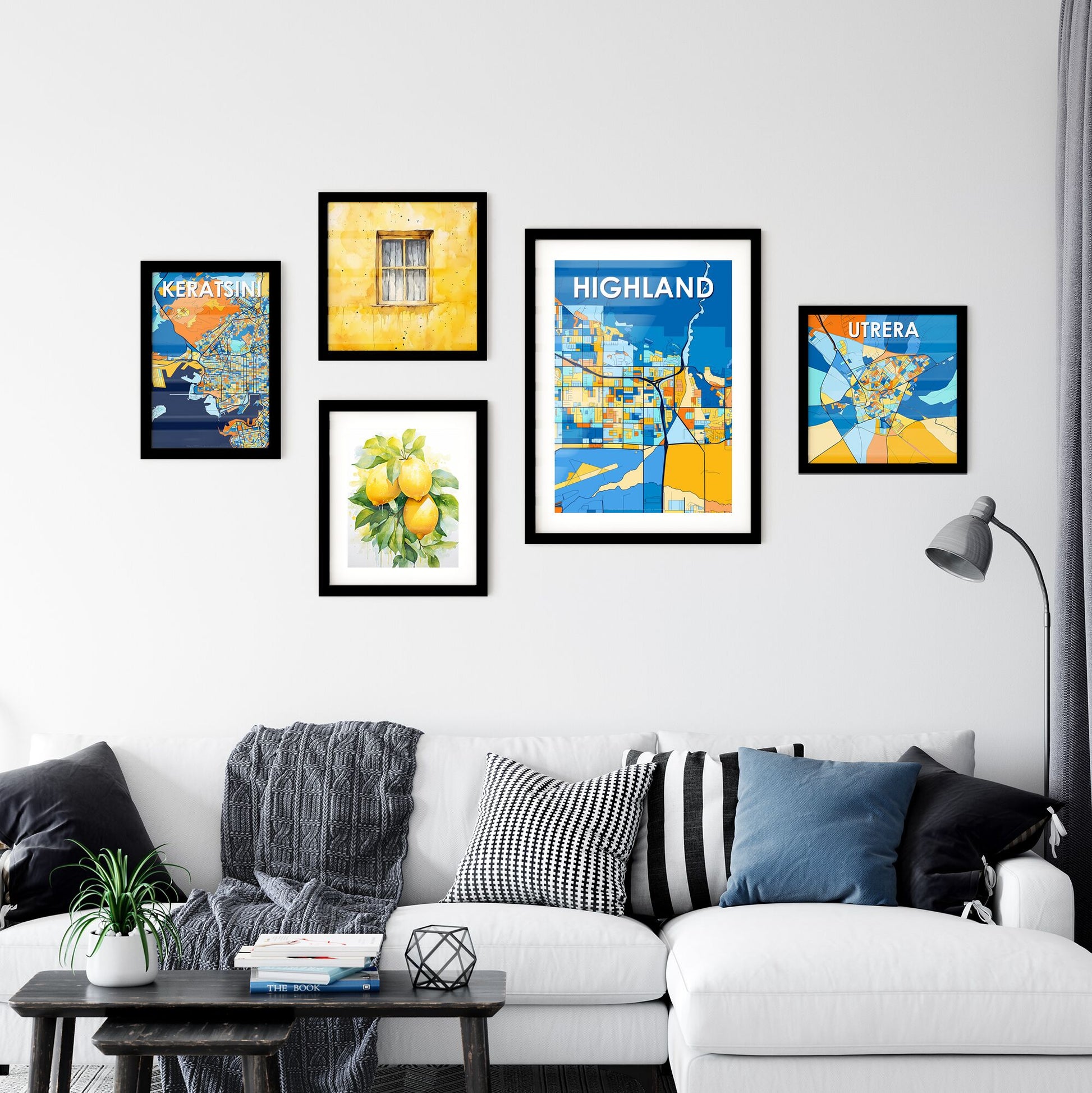 HIGHLAND CALIFORNIA Vibrant Colorful Art Map Poster Blue Orange