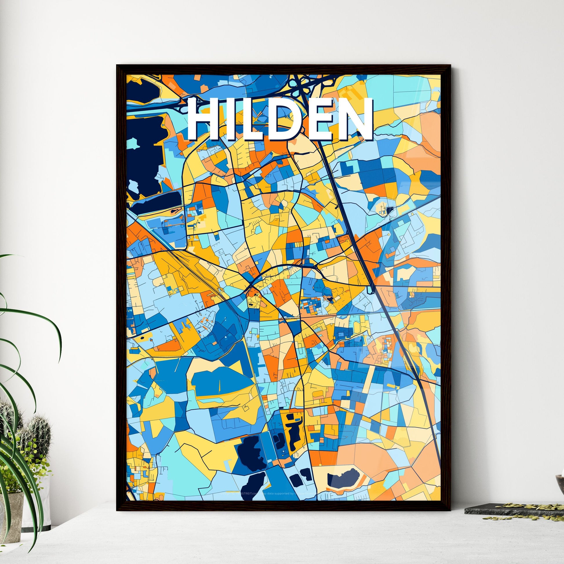 HILDEN GERMANY Vibrant Colorful Art Map Poster Blue Orange