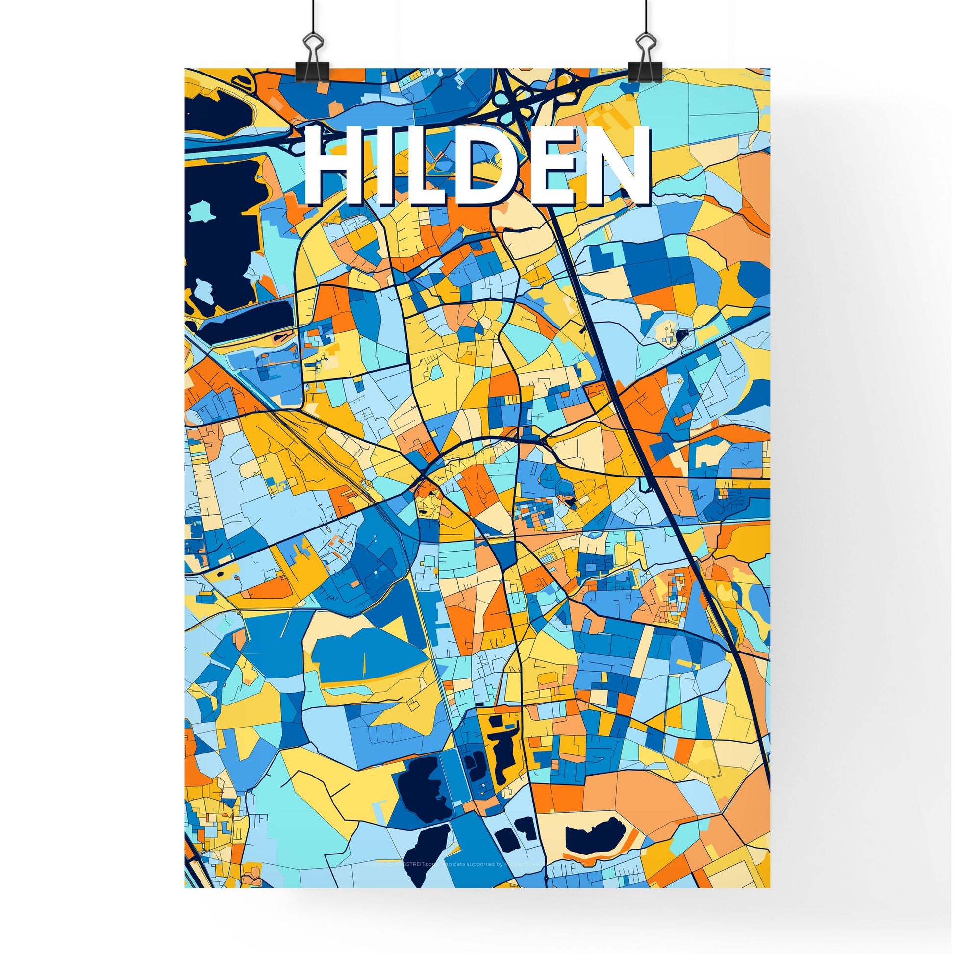 HILDEN GERMANY Vibrant Colorful Art Map Poster Blue Orange