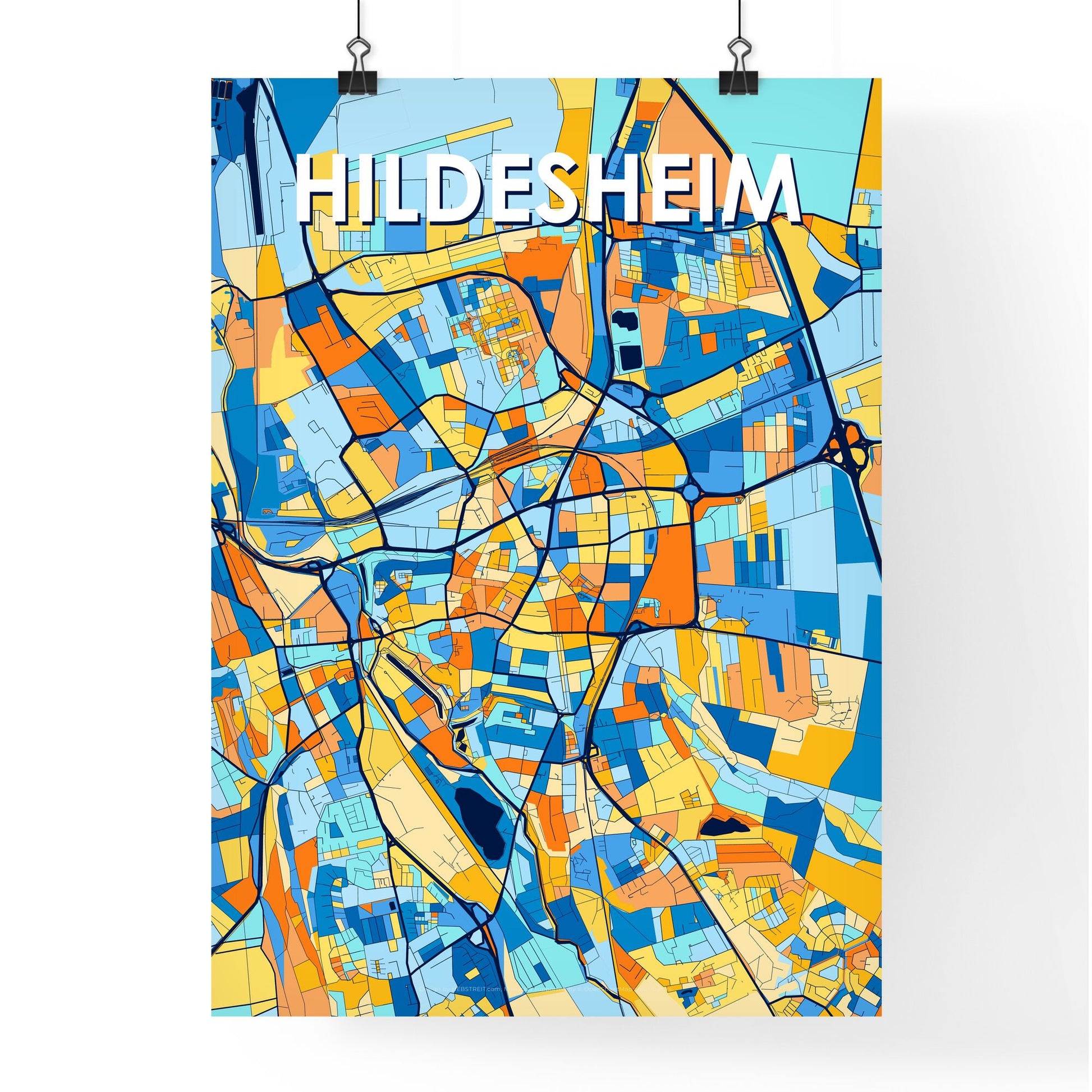 HILDESHEIM GERMANY Vibrant Colorful Art Map Poster Blue Orange