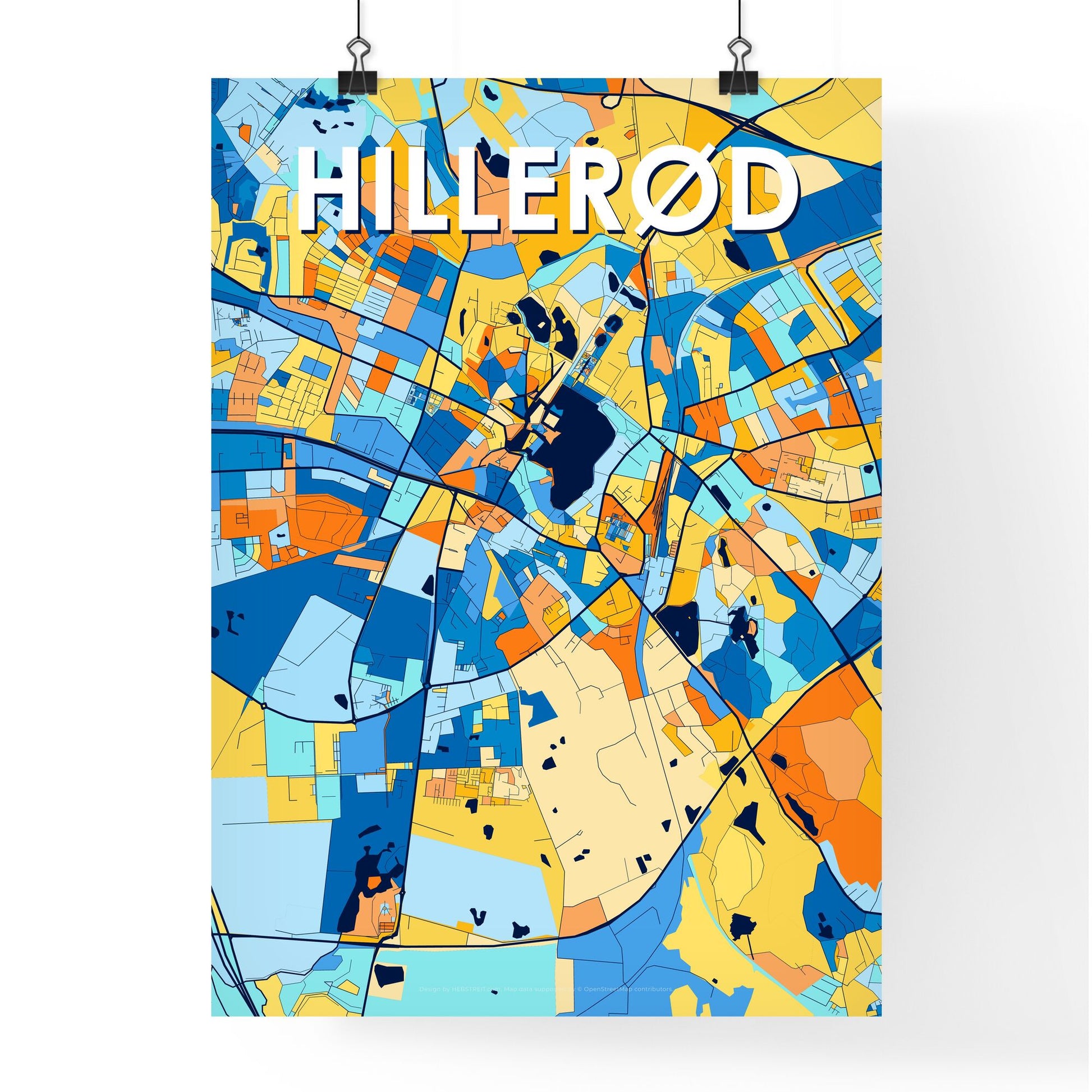 HILLERØD DENMARK Vibrant Colorful Art Map Poster Blue Orange