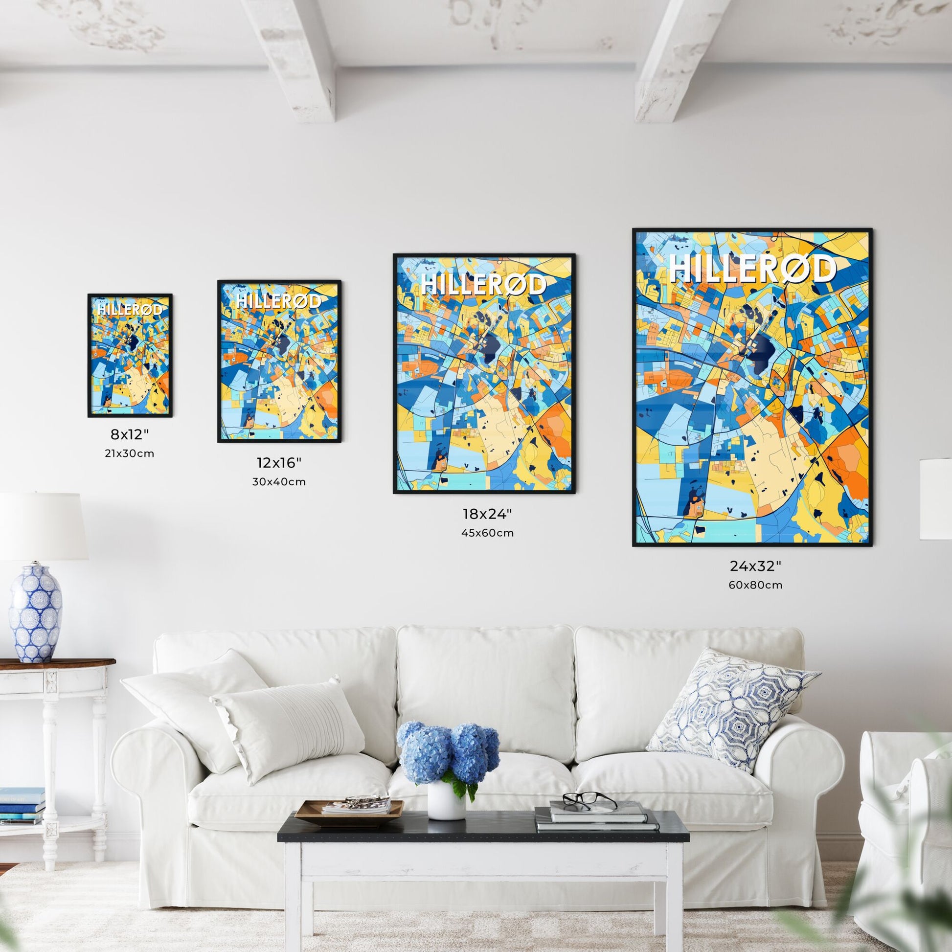 HILLERØD DENMARK Vibrant Colorful Art Map Poster Blue Orange