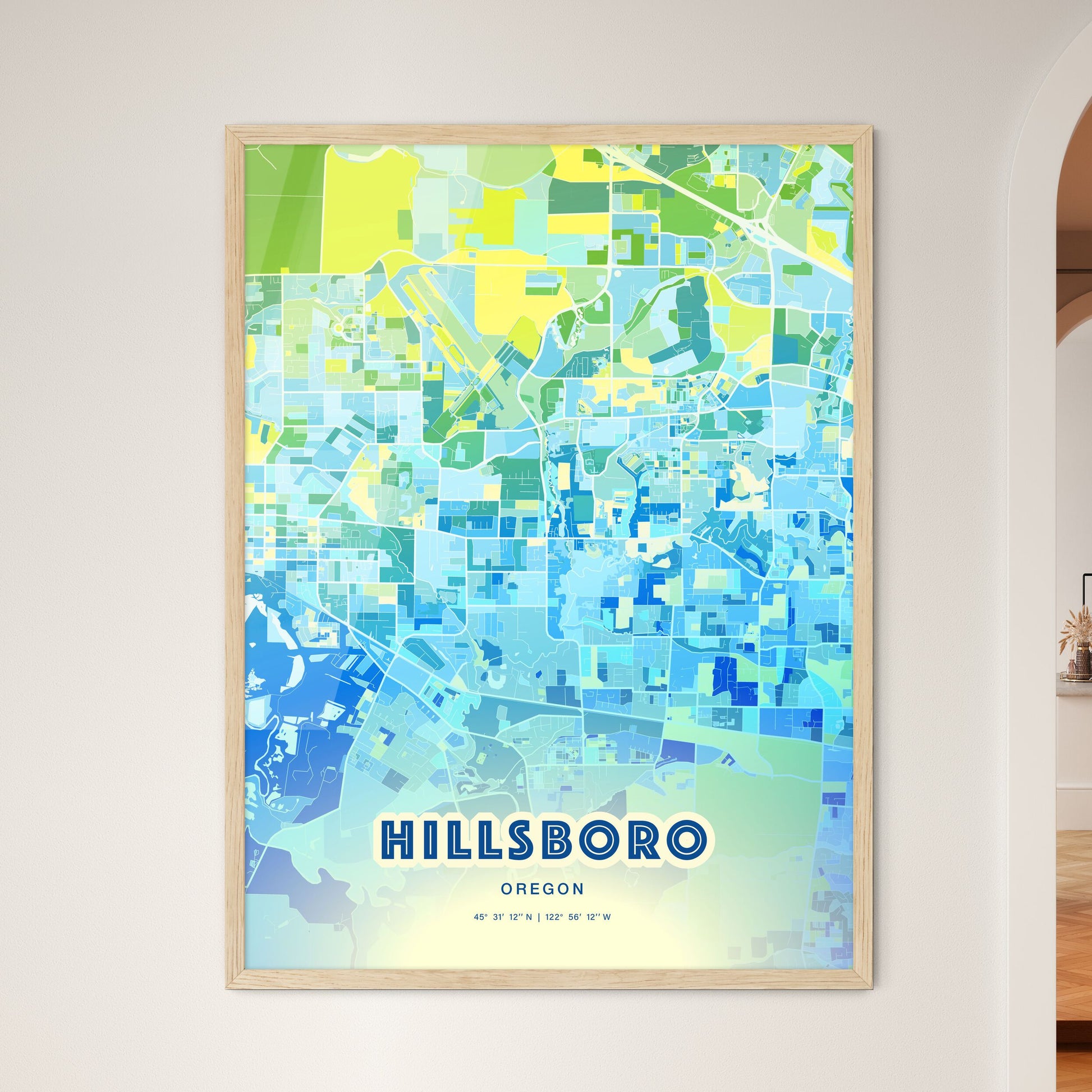 Colorful Hillsboro Oregon Fine Art Map Cool Blue
