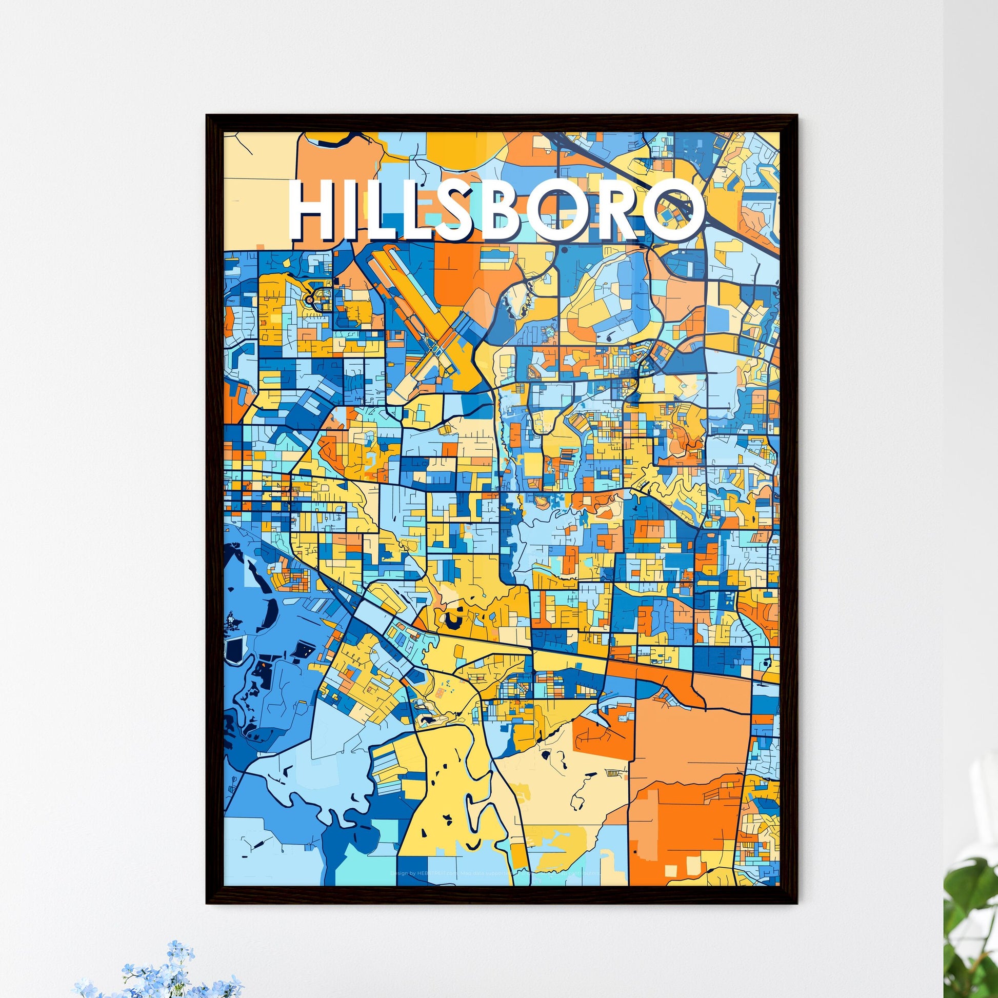 HILLSBORO OREGON Vibrant Colorful Art Map Poster Blue Orange