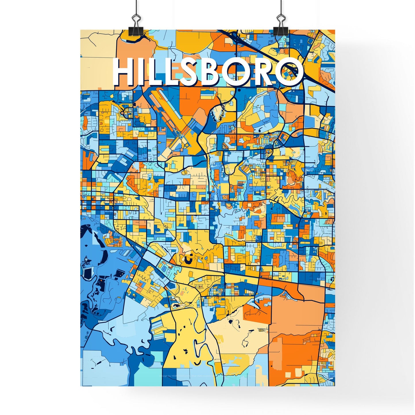 HILLSBORO OREGON Vibrant Colorful Art Map Poster Blue Orange