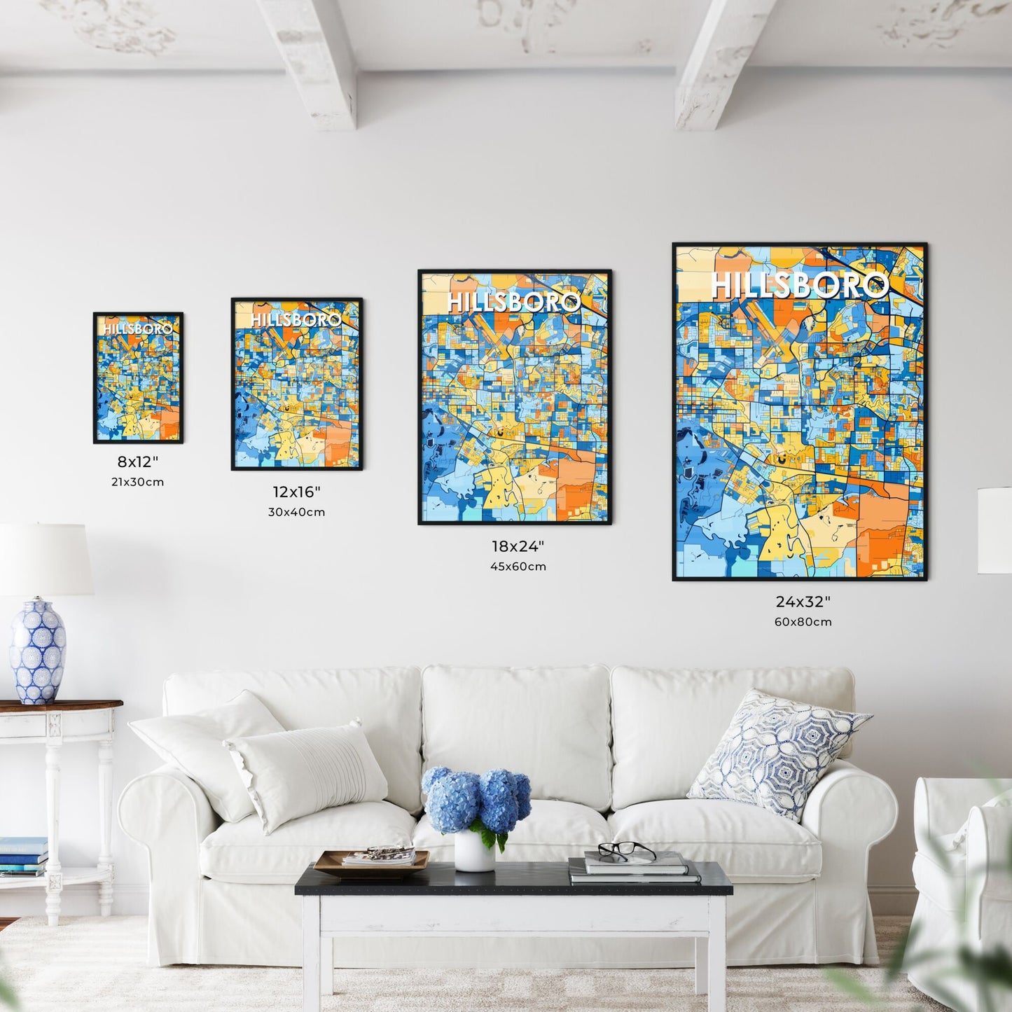 HILLSBORO OREGON Vibrant Colorful Art Map Poster Blue Orange