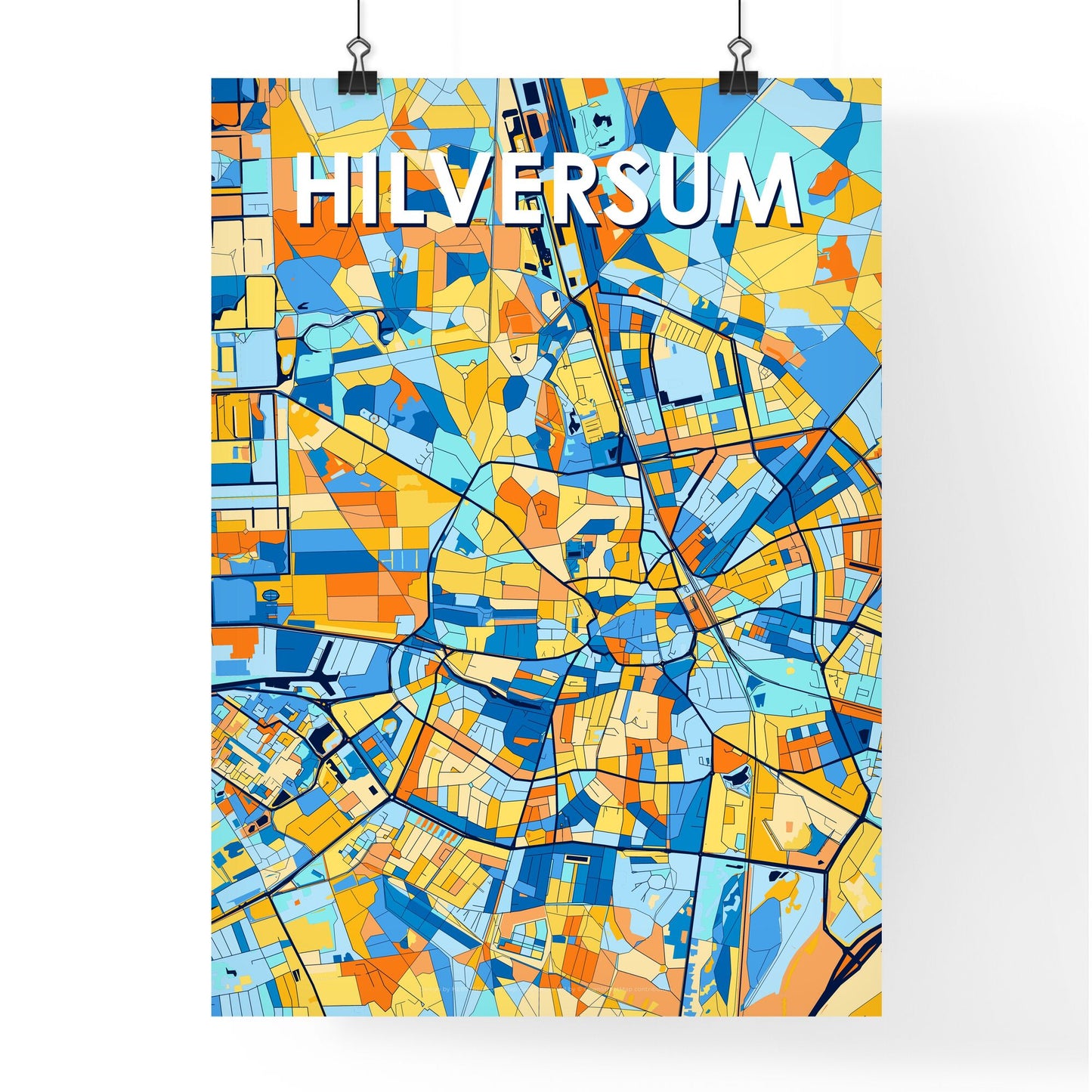 HILVERSUM NETHERLANDS Vibrant Colorful Art Map Poster Blue Orange