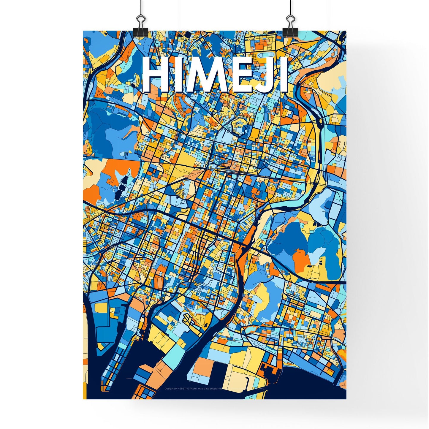 HIMEJI JAPAN Vibrant Colorful Art Map Poster Blue Orange