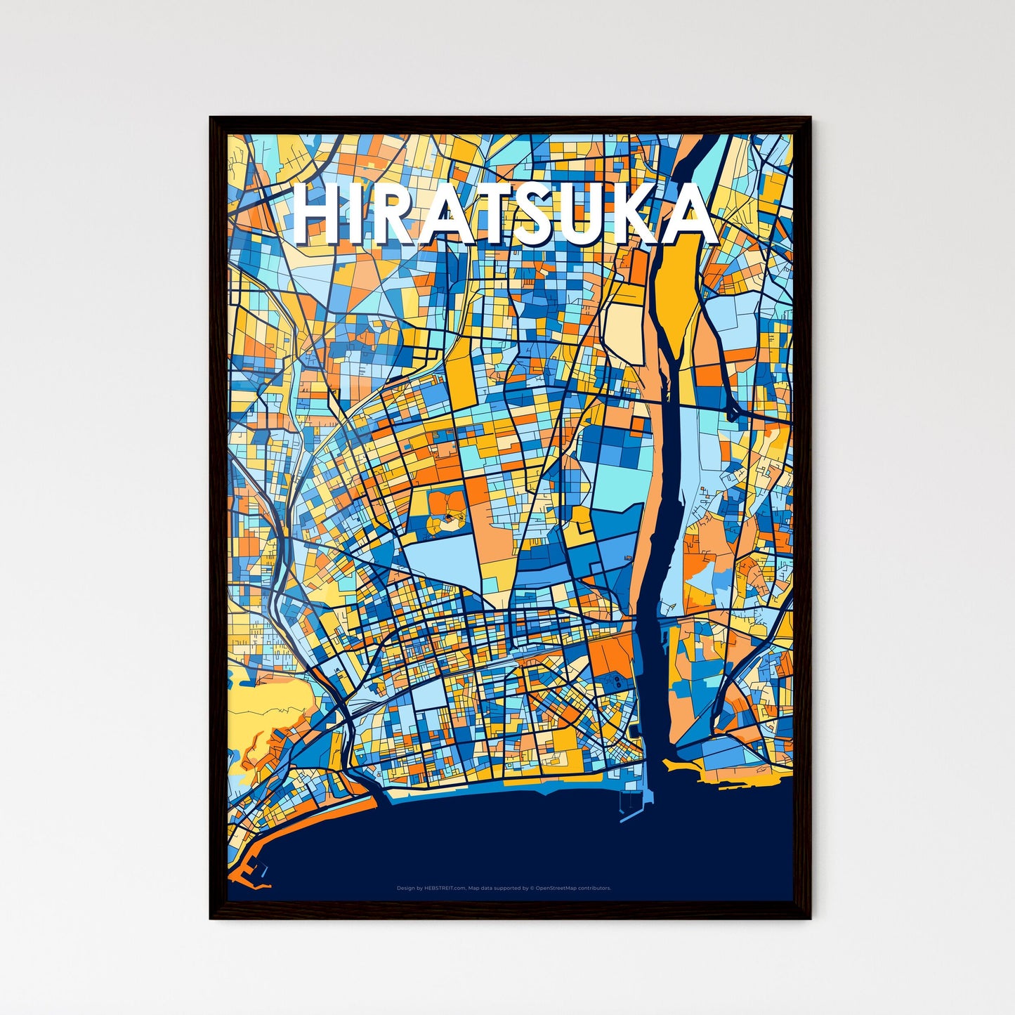 HIRATSUKA JAPAN Vibrant Colorful Art Map Poster Blue Orange