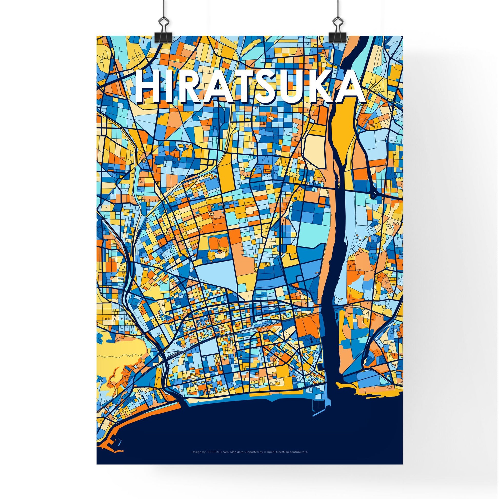 HIRATSUKA JAPAN Vibrant Colorful Art Map Poster Blue Orange